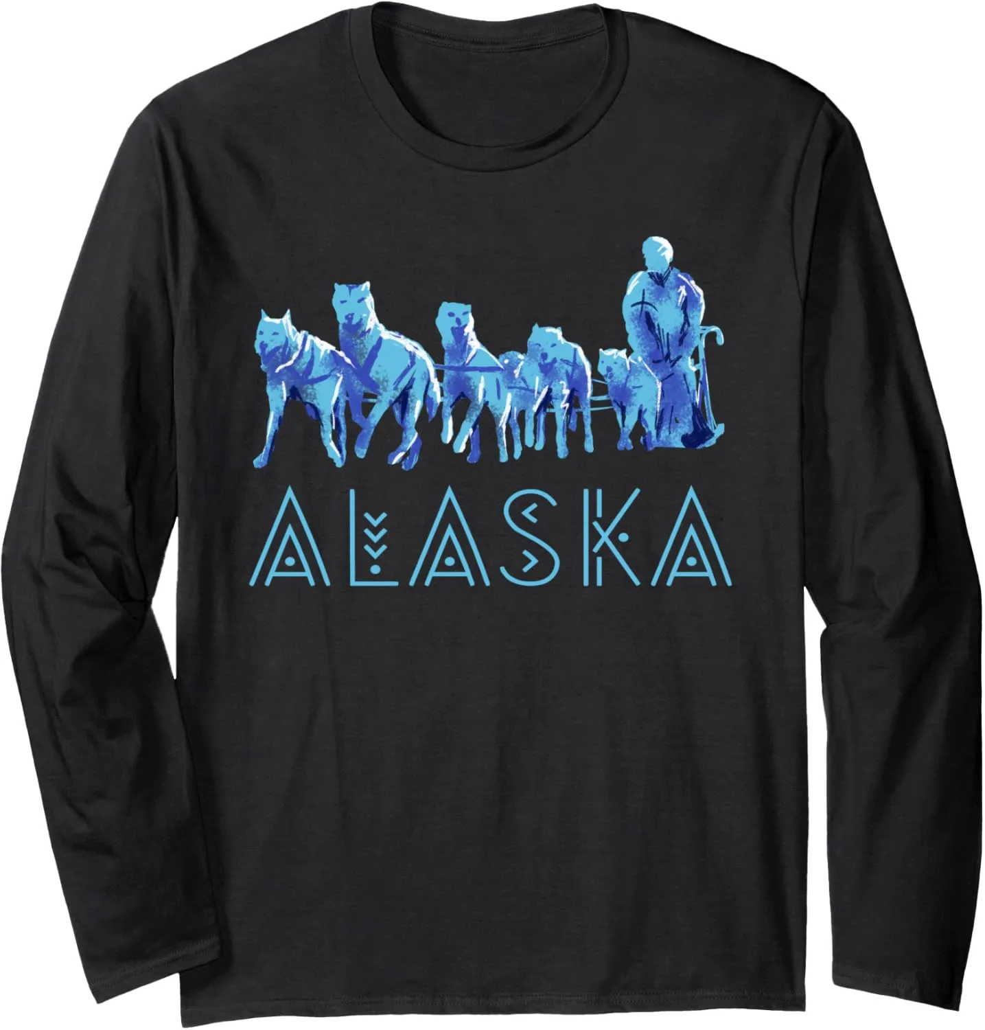 Alaska Sled Dogs Mushing Team Snow Sledding Mountain Scene Long Sleeve T-Shirt