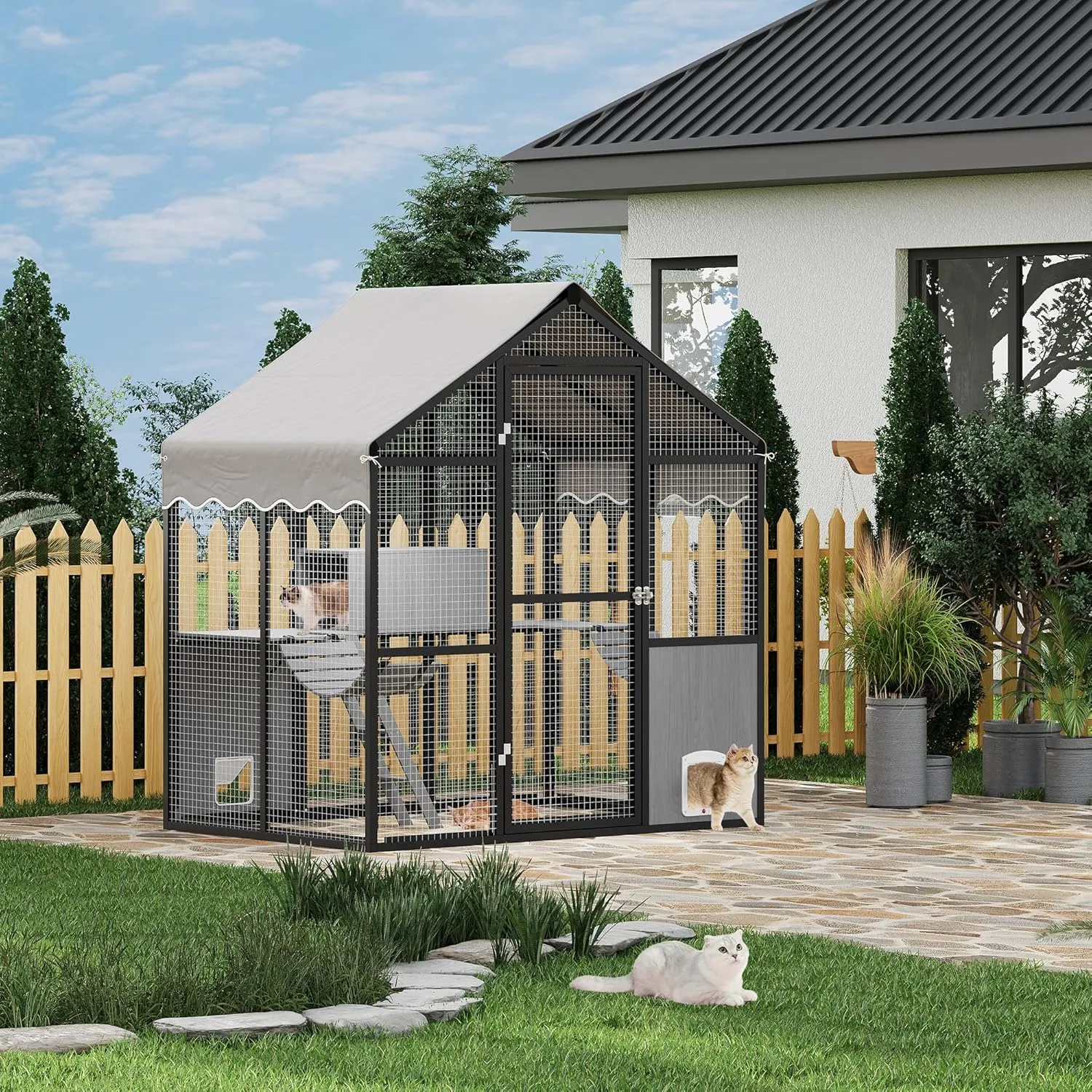 Aluminum Walk-In Large Outdoor Cat Enclosure, Large Outdoor Catio for Multiple Cats, Outside Cattery with Weatherproof Roof with Channels, Side Door, UV Proof Cover, Huge Condo, Platform