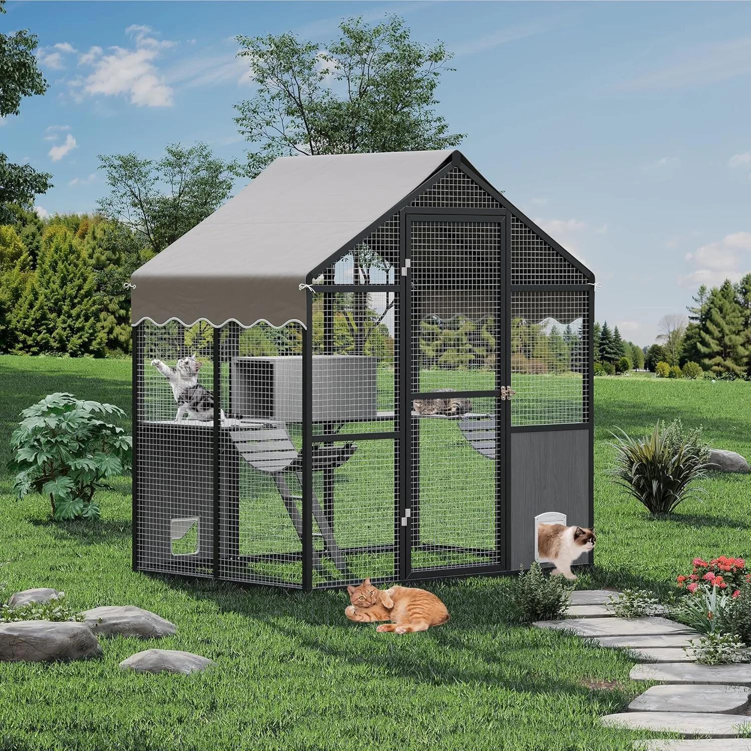 Aluminum Walk-In Large Outdoor Cat Enclosure, Large Outdoor Catio for Multiple Cats, Outside Cattery with Weatherproof Roof with Channels, Side Door, UV Proof Cover, Huge Condo, Platform