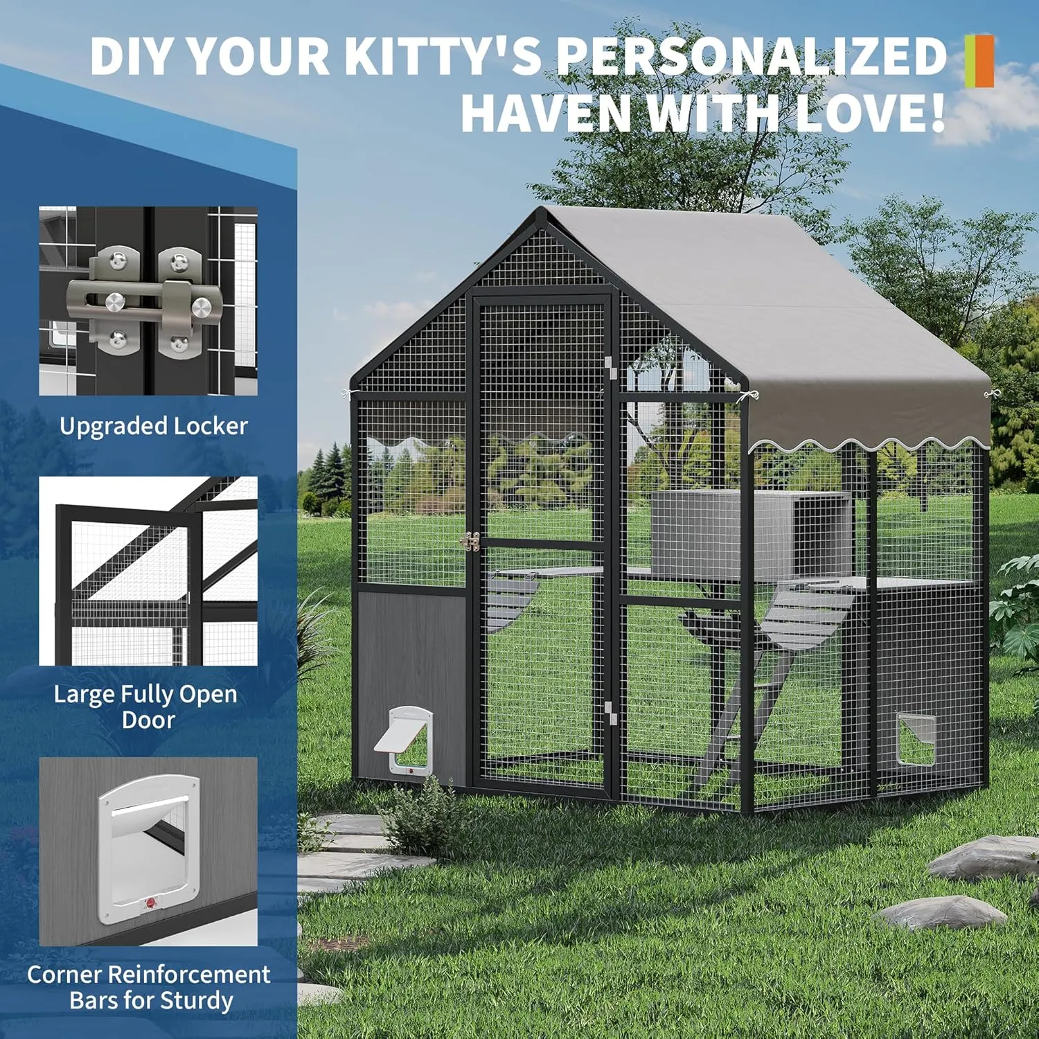 Aluminum Walk-In Large Outdoor Cat Enclosure, Large Outdoor Catio for Multiple Cats, Outside Cattery with Weatherproof Roof with Channels, Side Door, UV Proof Cover, Huge Condo, Platform