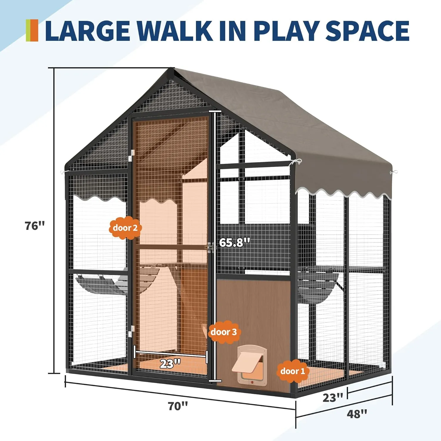 Aluminum Walk-In Large Outdoor Cat Enclosure, Large Outdoor Catio for Multiple Cats, Outside Cattery with Weatherproof Roof with Channels, Side Door, UV Proof Cover, Huge Condo, Platform
