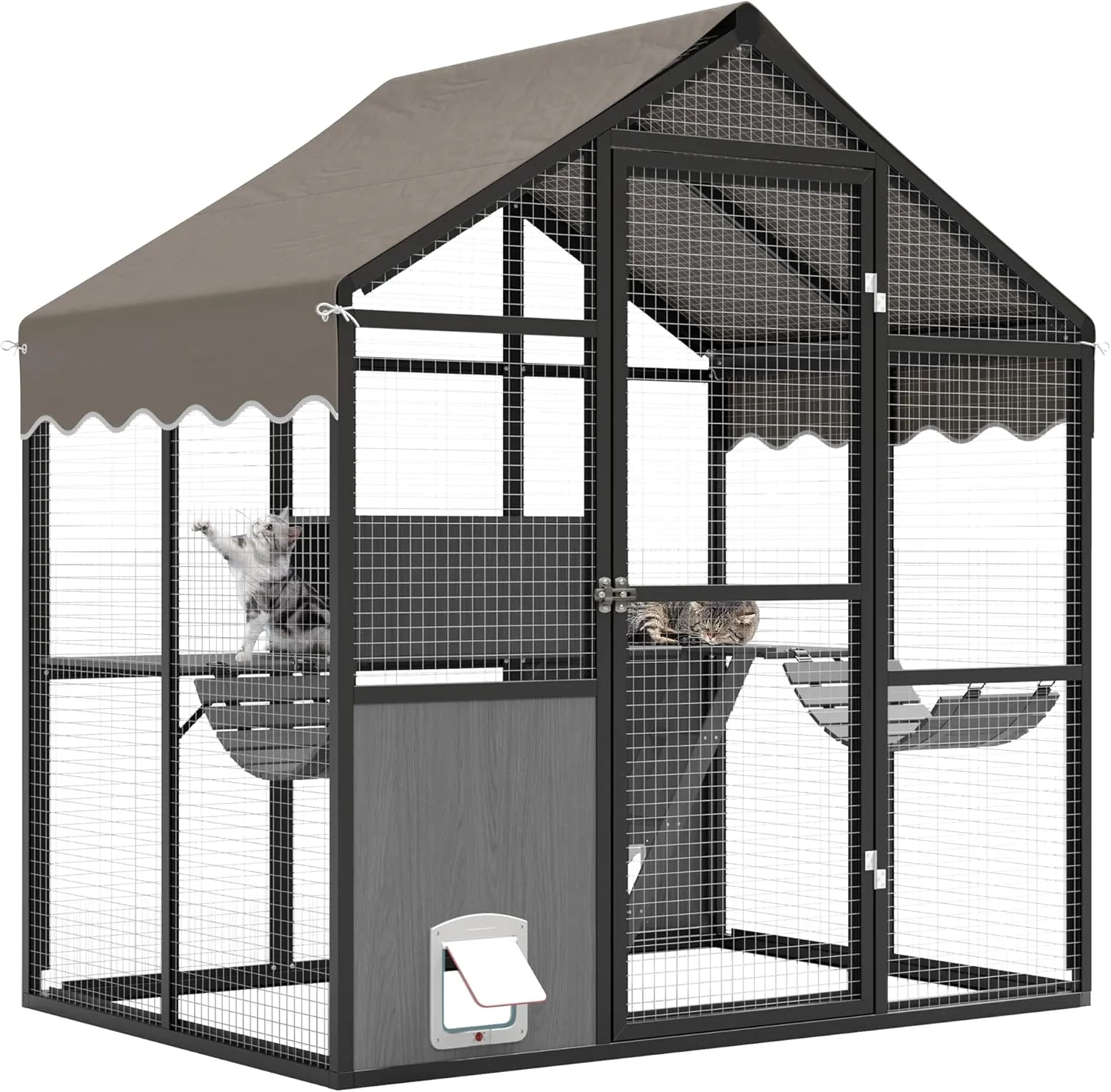 Aluminum Walk-In Large Outdoor Cat Enclosure, Large Outdoor Catio for Multiple Cats, Outside Cattery with Weatherproof Roof with Channels, Side Door, UV Proof Cover, Huge Condo, Platform