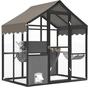 Aluminum Walk-In Large Outdoor Cat Enclosure, Large Outdoor Catio for Multiple Cats, Outside Cattery with Weatherproof Roof with Channels, Side Door, UV Proof Cover, Huge Condo, Platform
