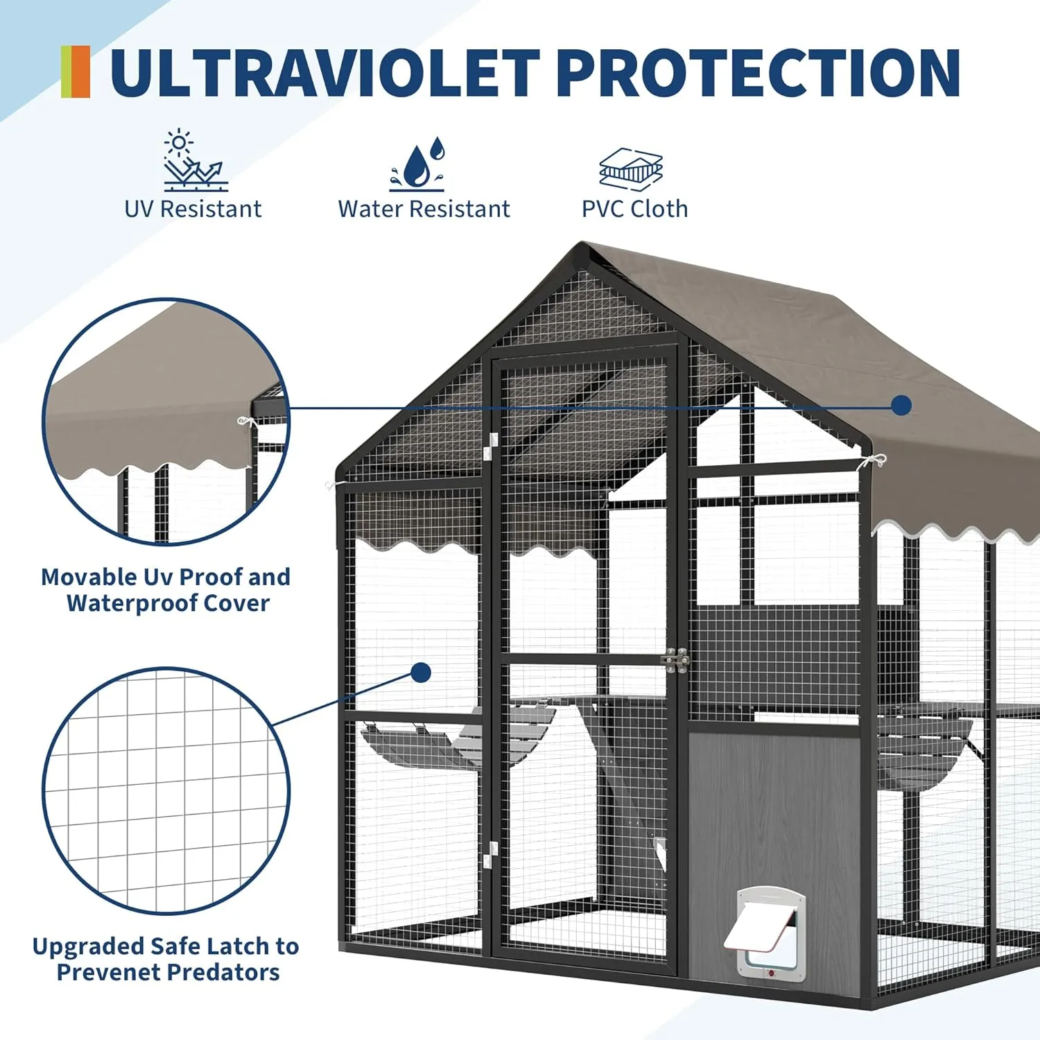 Aluminum Walk-In Large Outdoor Cat Enclosure, Large Outdoor Catio for Multiple Cats, Outside Cattery with Weatherproof Roof with Channels, Side Door, UV Proof Cover, Huge Condo, Platform