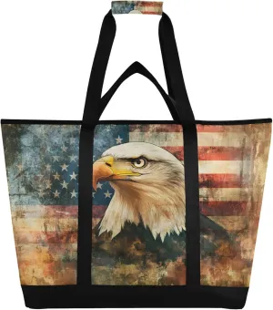 American Flag Eagle Reusable Insulated Cooler Bag with Ice Pack Compartment - Large 47L Waterproof Thermal Grocery Tote for Picnic Beach Camping Lunch Storage