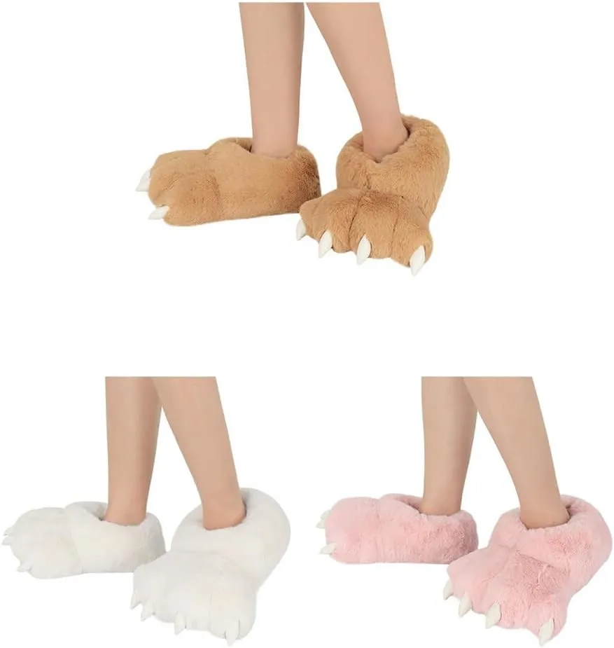 Animal Paw Slippers Plush Warm Home Closed Back Shoes Fluffy Funny Furry Bear Claw Anti Slip Slippers for Kids Boys Girls Adults Women Cosplay Holiday Indoor Winter (White)
