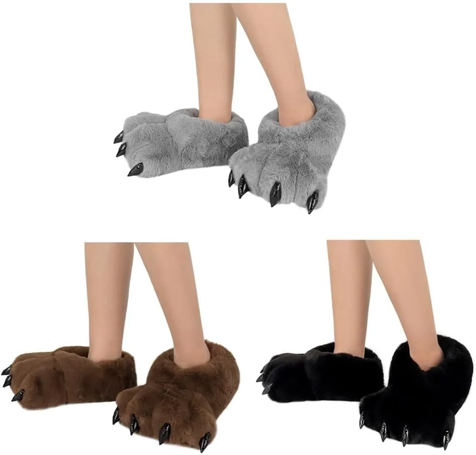 Animal Paw Slippers Plush Warm Home Closed Back Shoes Fluffy Funny Furry Bear Claw Anti Slip Slippers for Kids Boys Girls Adults Women Cosplay Holiday Indoor Winter (White)