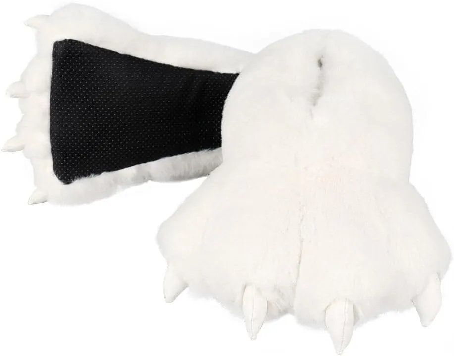 Animal Paw Slippers Plush Warm Home Closed Back Shoes Fluffy Funny Furry Bear Claw Anti Slip Slippers for Kids Boys Girls Adults Women Cosplay Holiday Indoor Winter (White)