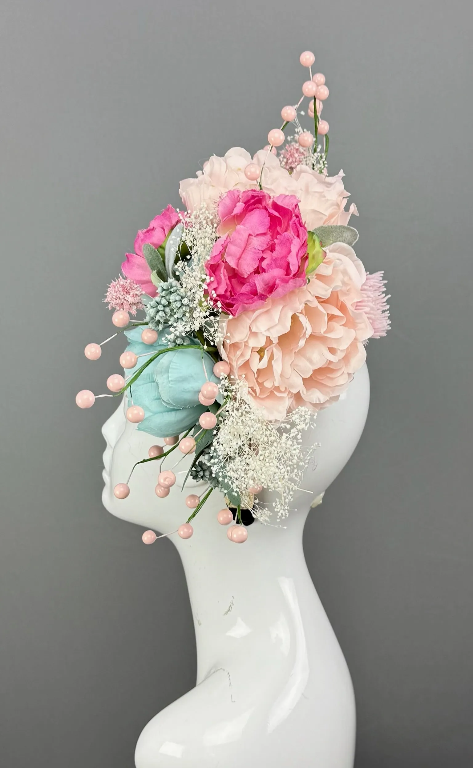 Aqua and Pink floral Kentucky Derby fascinator, Derby Hat Alternative (PLATINUM LINE)