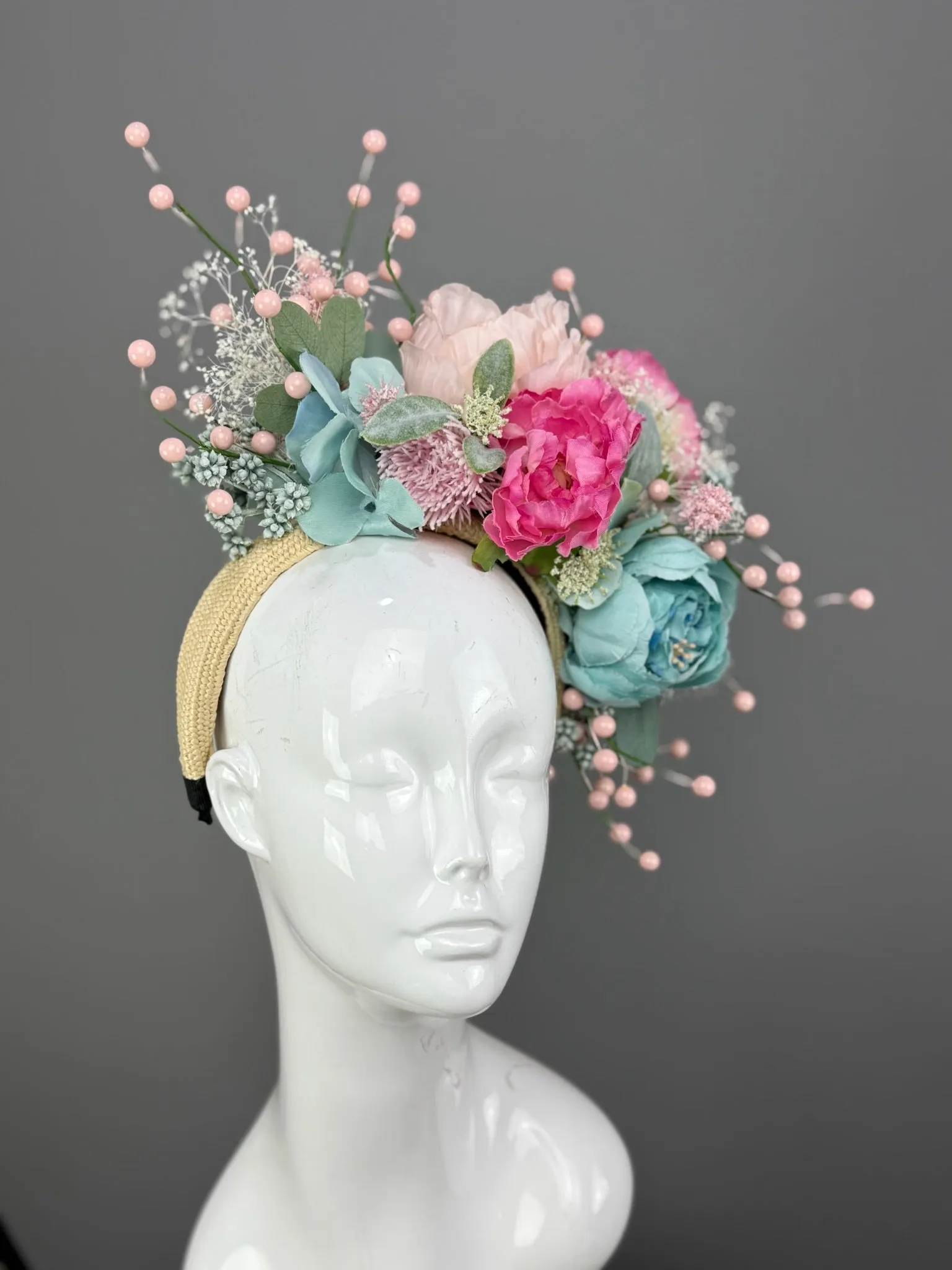 Aqua and Pink floral Kentucky Derby fascinator, Derby Hat Alternative (PLATINUM LINE)