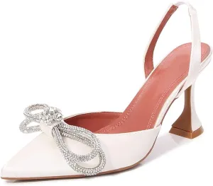 Arqa Satin Slingback Heels for Women Crystal Pointed Toe High Heels Wedding Bride Pump Shoes