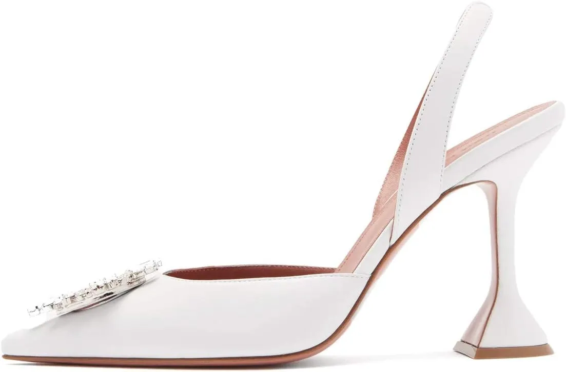 Arqa Satin Slingback Heels for Women Crystal Pointed Toe High Heels Wedding Bride Pump Shoes