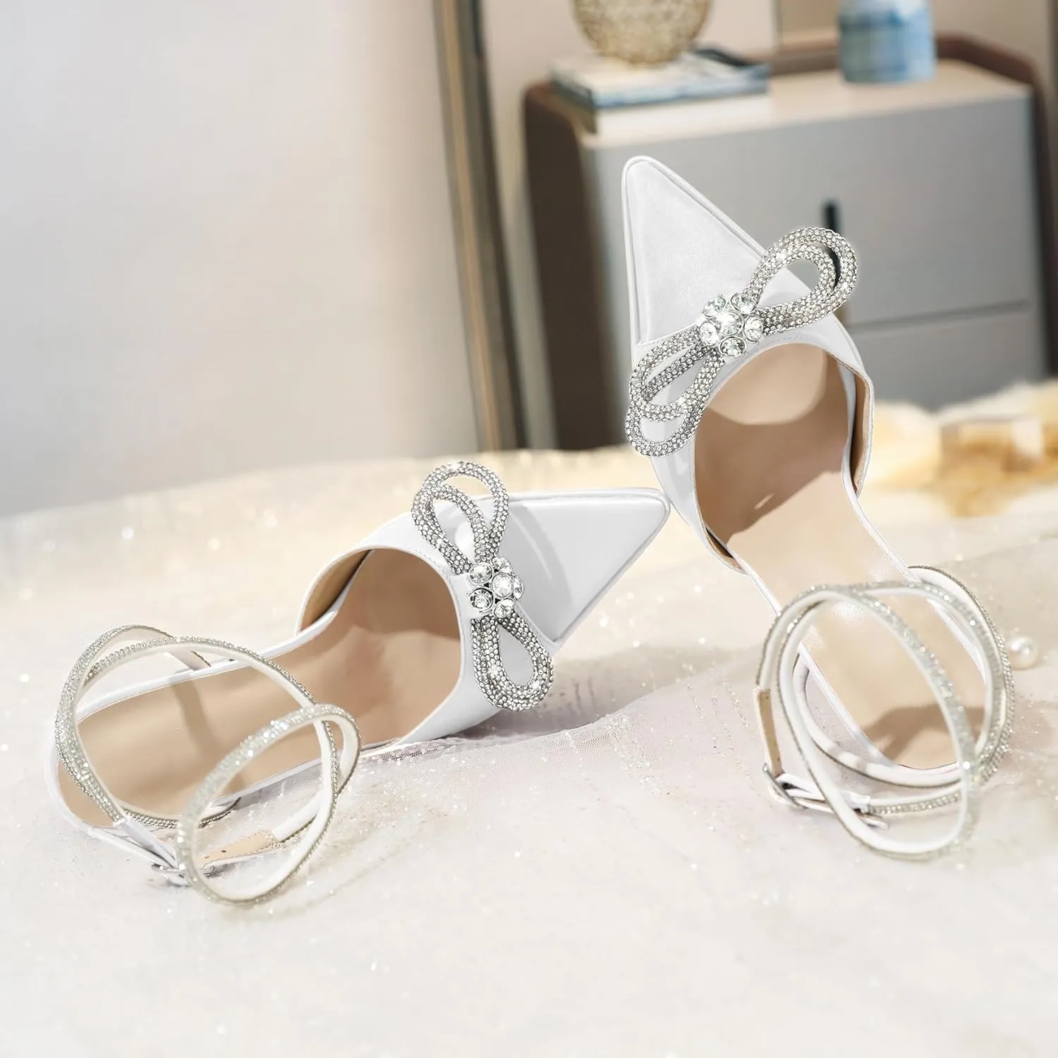AUMOTED Women Platform Pumps High Heels Rhinestone Double Bows Heels Pointed Toe Satin Block Pumps Ankle Strap Crystals Lace Up Wedding Sandals Shoes 4.7 Inch