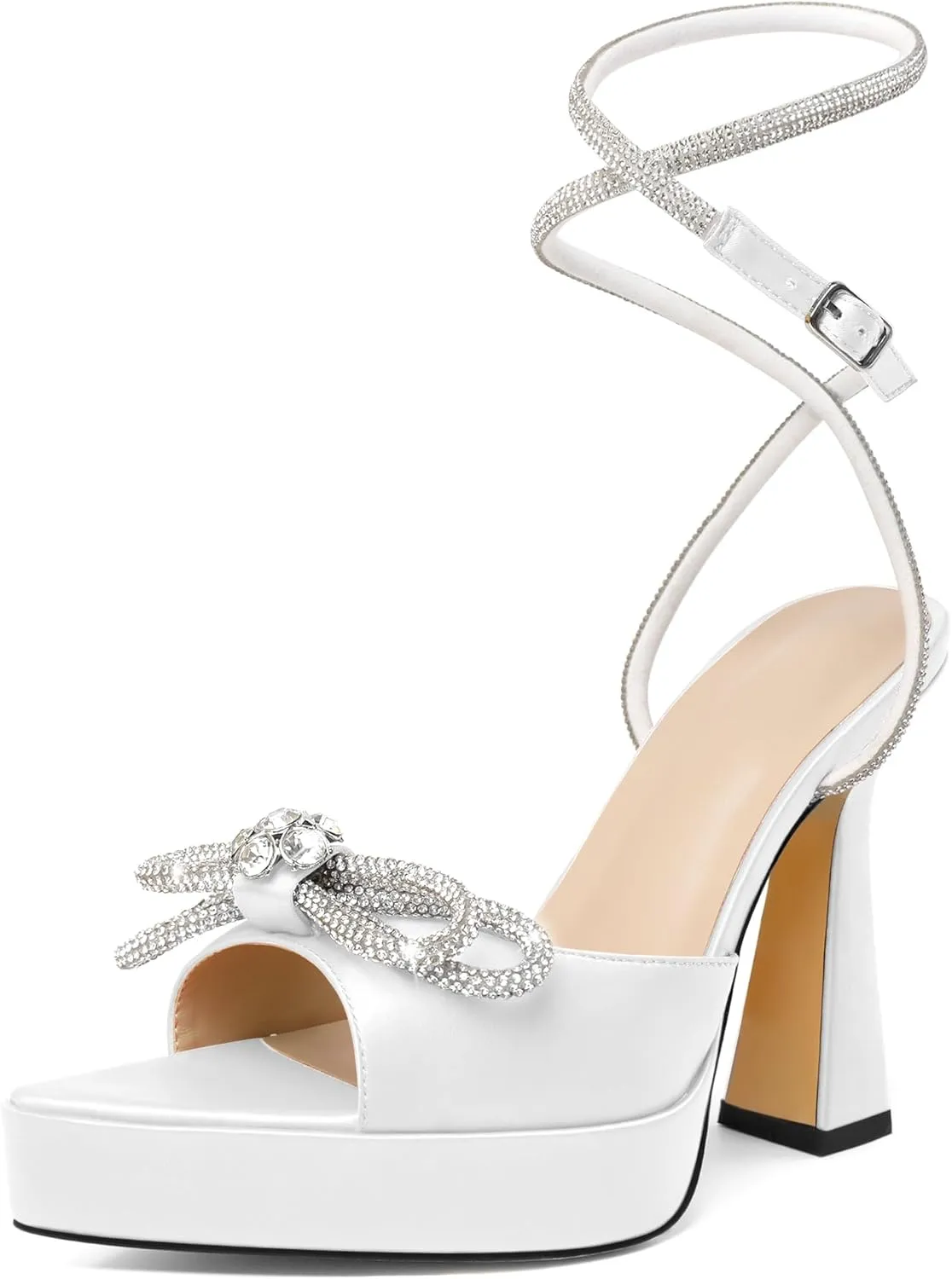 AUMOTED Women Platform Pumps High Heels Rhinestone Double Bows Heels Pointed Toe Satin Block Pumps Ankle Strap Crystals Lace Up Wedding Sandals Shoes 4.7 Inch