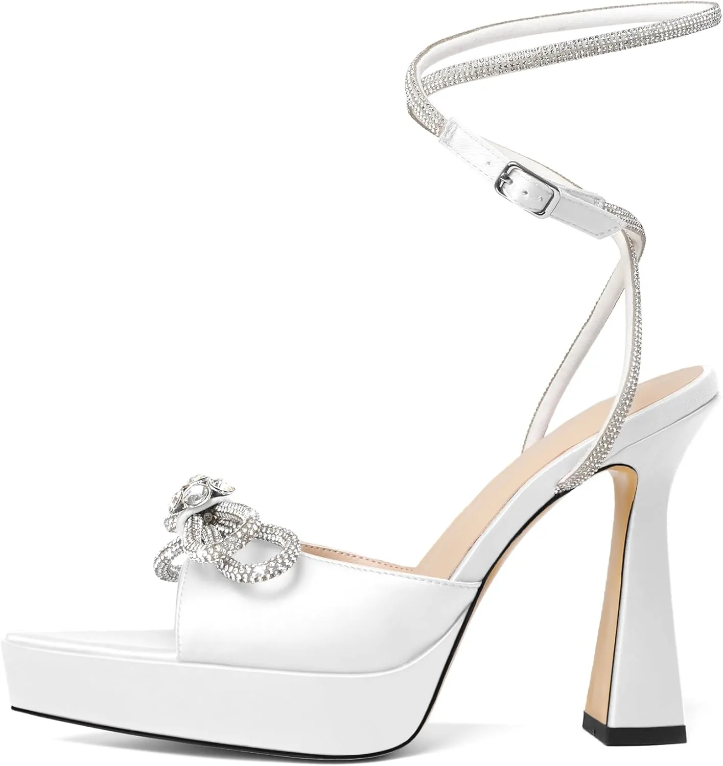 AUMOTED Women Platform Pumps High Heels Rhinestone Double Bows Heels Pointed Toe Satin Block Pumps Ankle Strap Crystals Lace Up Wedding Sandals Shoes 4.7 Inch