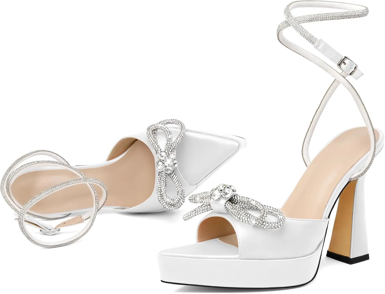 AUMOTED Women Platform Pumps High Heels Rhinestone Double Bows Heels Pointed Toe Satin Block Pumps Ankle Strap Crystals Lace Up Wedding Sandals Shoes 4.7 Inch