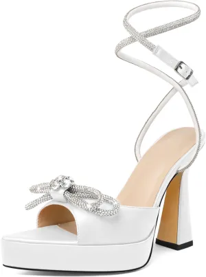 AUMOTED Women Platform Pumps High Heels Rhinestone Double Bows Heels Pointed Toe Satin Block Pumps Ankle Strap Crystals Lace Up Wedding Sandals Shoes 4.7 Inch