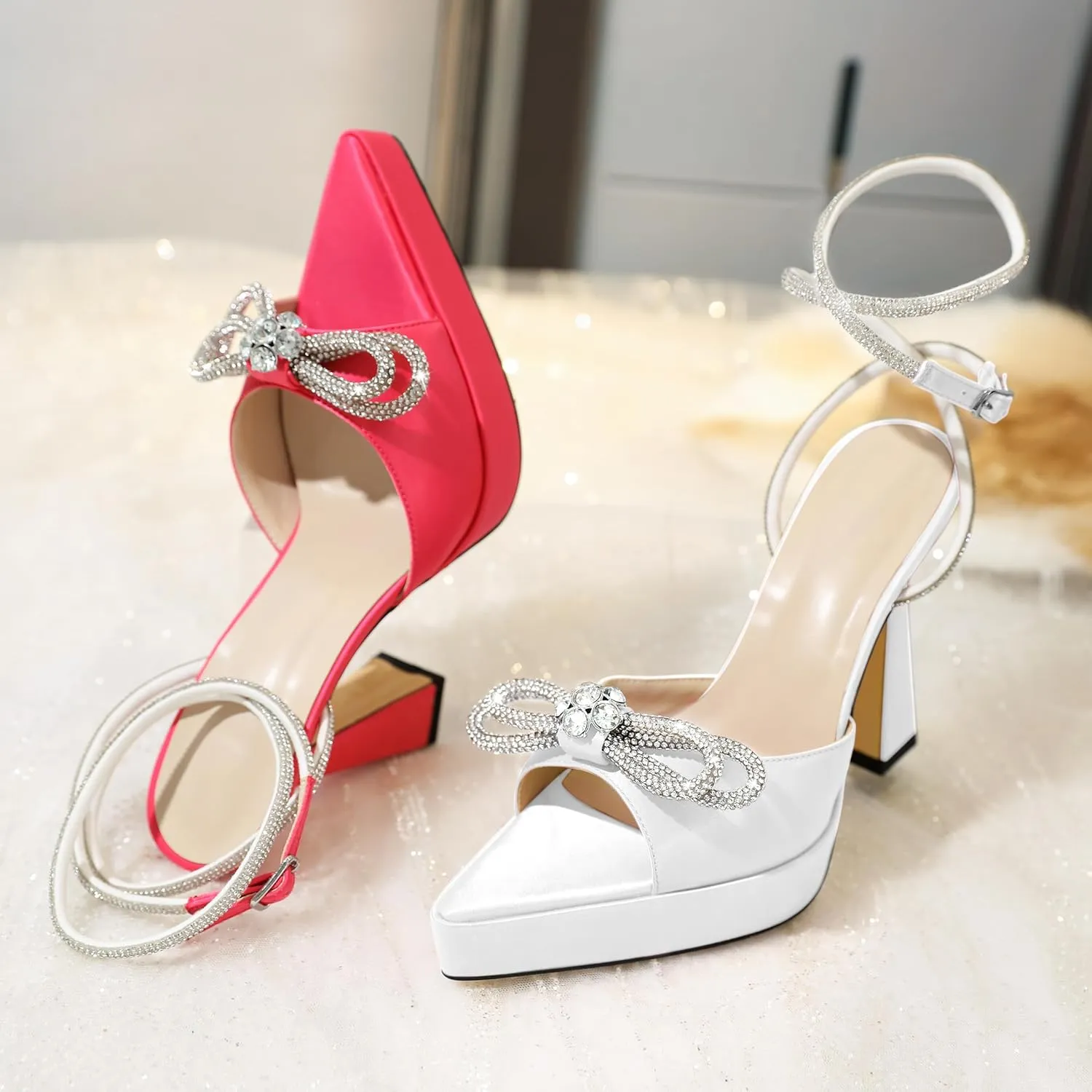 AUMOTED Women Platform Pumps High Heels Rhinestone Double Bows Heels Pointed Toe Satin Block Pumps Ankle Strap Crystals Lace Up Wedding Sandals Shoes 4.7 Inch
