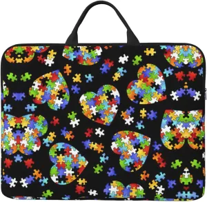 Autism Awareness Puzzle Pieces Heart print Durable Travel Laptop Bag HandBag Shockproof Carrying Bag Briefcase for 14inch Laptop Notebook