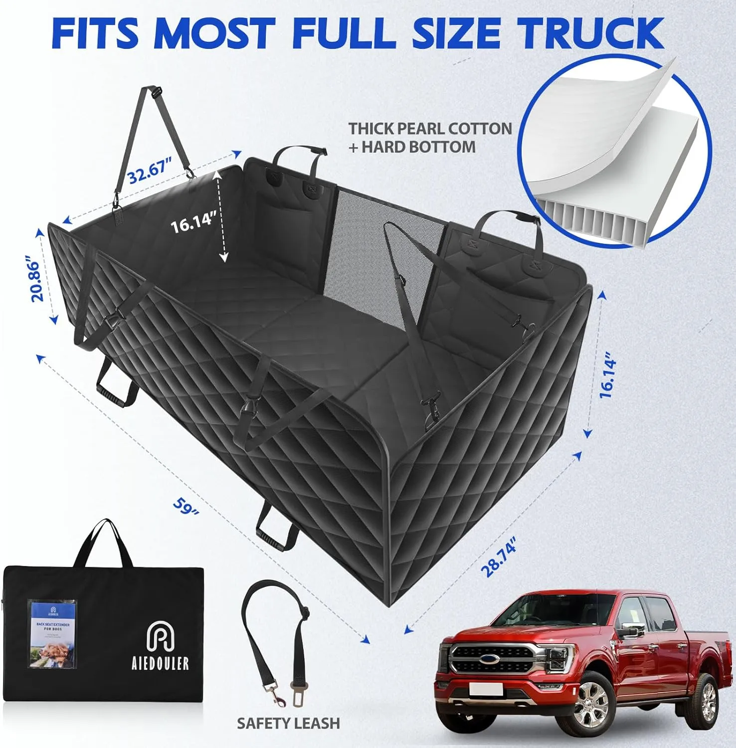Back Seat Extender for Dogs, Truck Dog Seat Cover Back Seat Hard Bottom, Dog Hammock for Truck Full Size, Pet Seat Covers for Crew Cab F150, RAM1500, Sierra, Tundra, Silverado, Titan