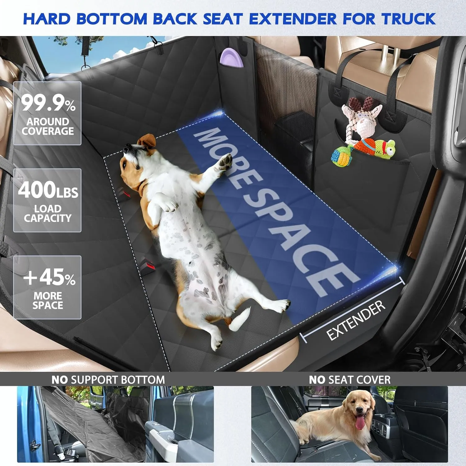Back Seat Extender for Dogs, Truck Dog Seat Cover Back Seat Hard Bottom, Dog Hammock for Truck Full Size, Pet Seat Covers for Crew Cab F150, RAM1500, Sierra, Tundra, Silverado, Titan