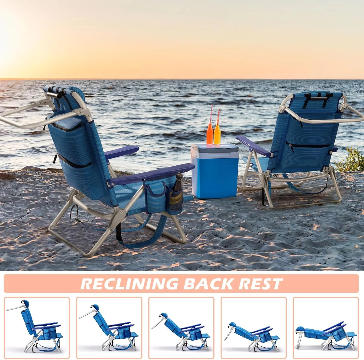 Backpack Beach Chairs for Adults - Folding Heavy Duty Camping Chair with Storage Pouch, Cup Holder & Towel Rack, Lightweight & Adjustable Lounge Chair for Outdoor,Travel (2 Packs/Blue)