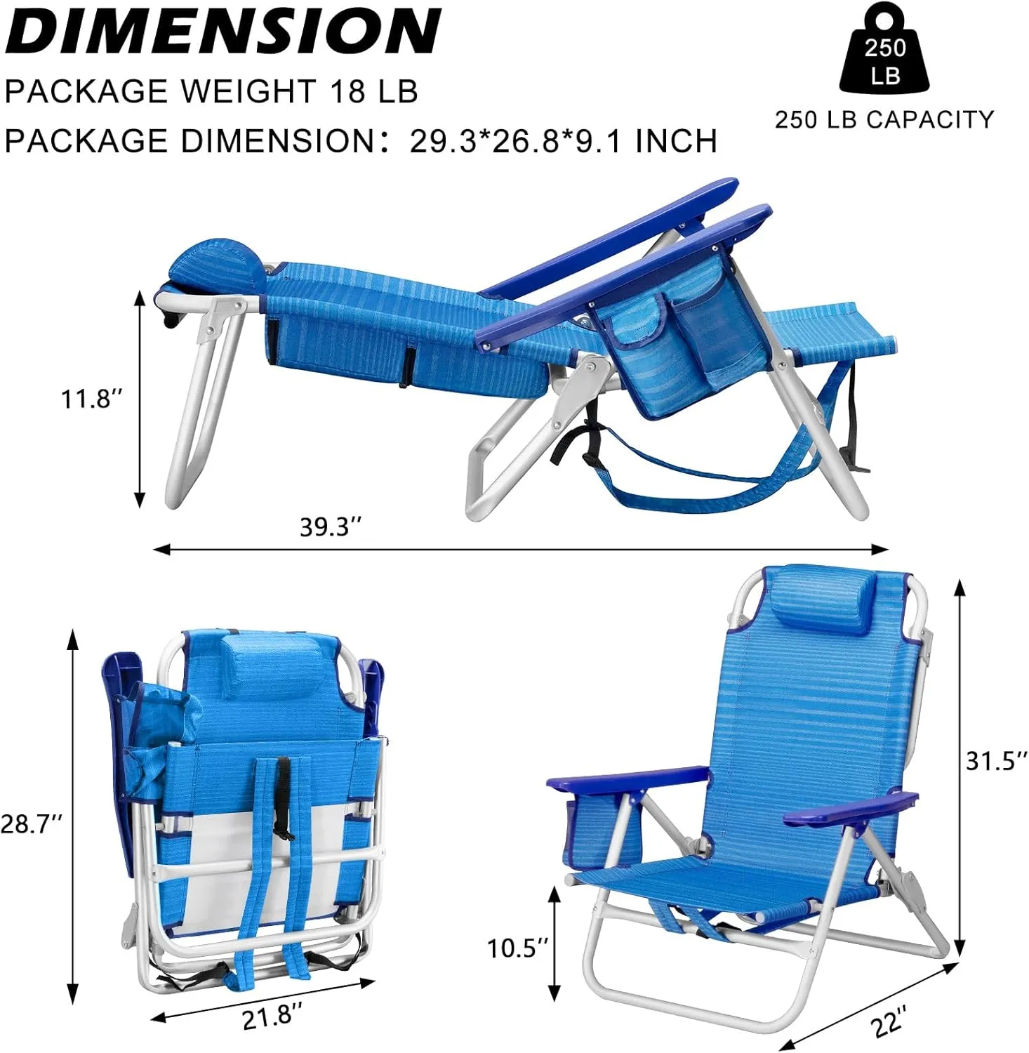 Backpack Beach Chairs for Adults - Folding Heavy Duty Camping Chair with Storage Pouch, Cup Holder & Towel Rack, Lightweight & Adjustable Lounge Chair for Outdoor,Travel (2 Packs/Blue)