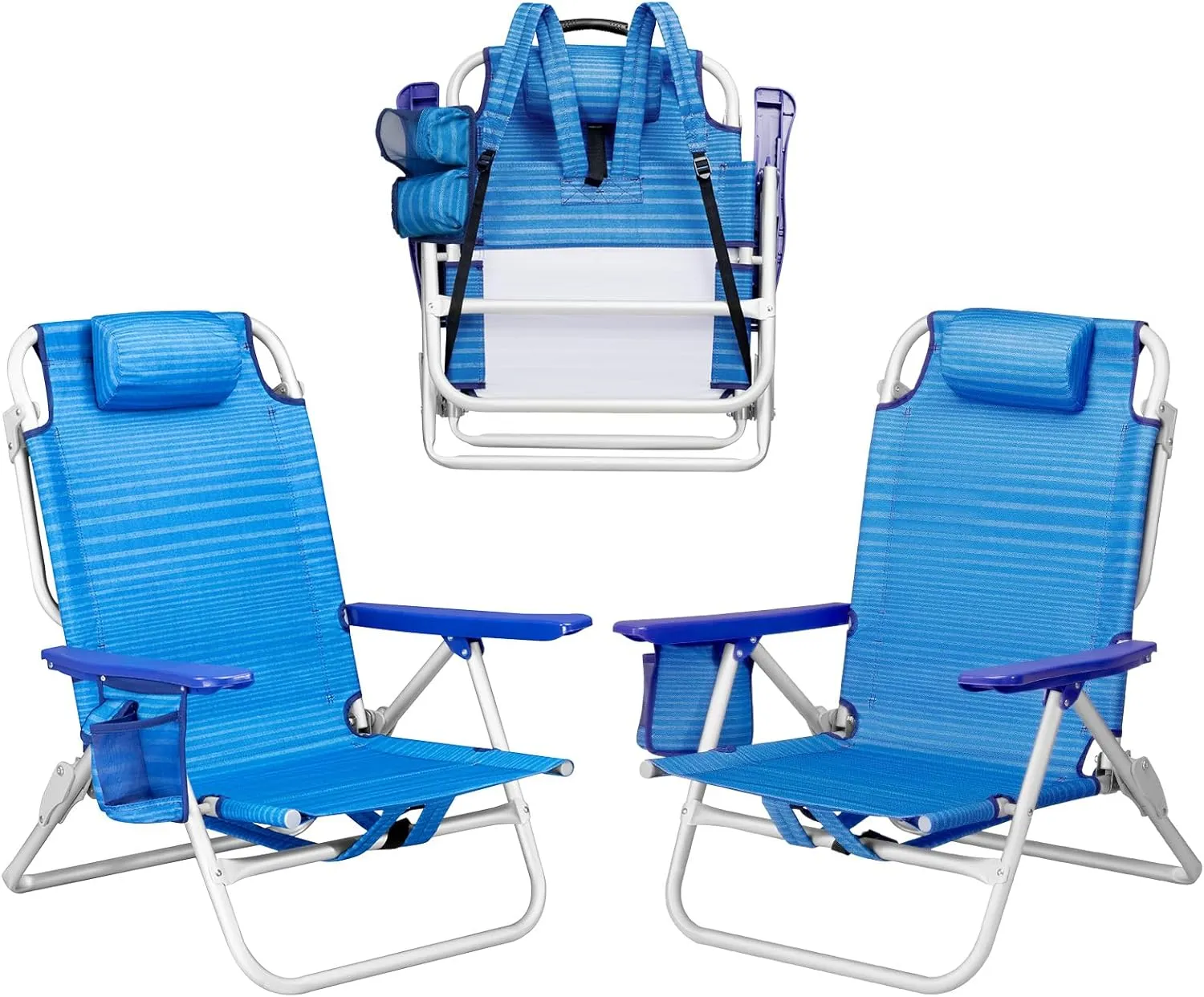 Backpack Beach Chairs for Adults - Folding Heavy Duty Camping Chair with Storage Pouch, Cup Holder & Towel Rack, Lightweight & Adjustable Lounge Chair for Outdoor,Travel (2 Packs/Blue)