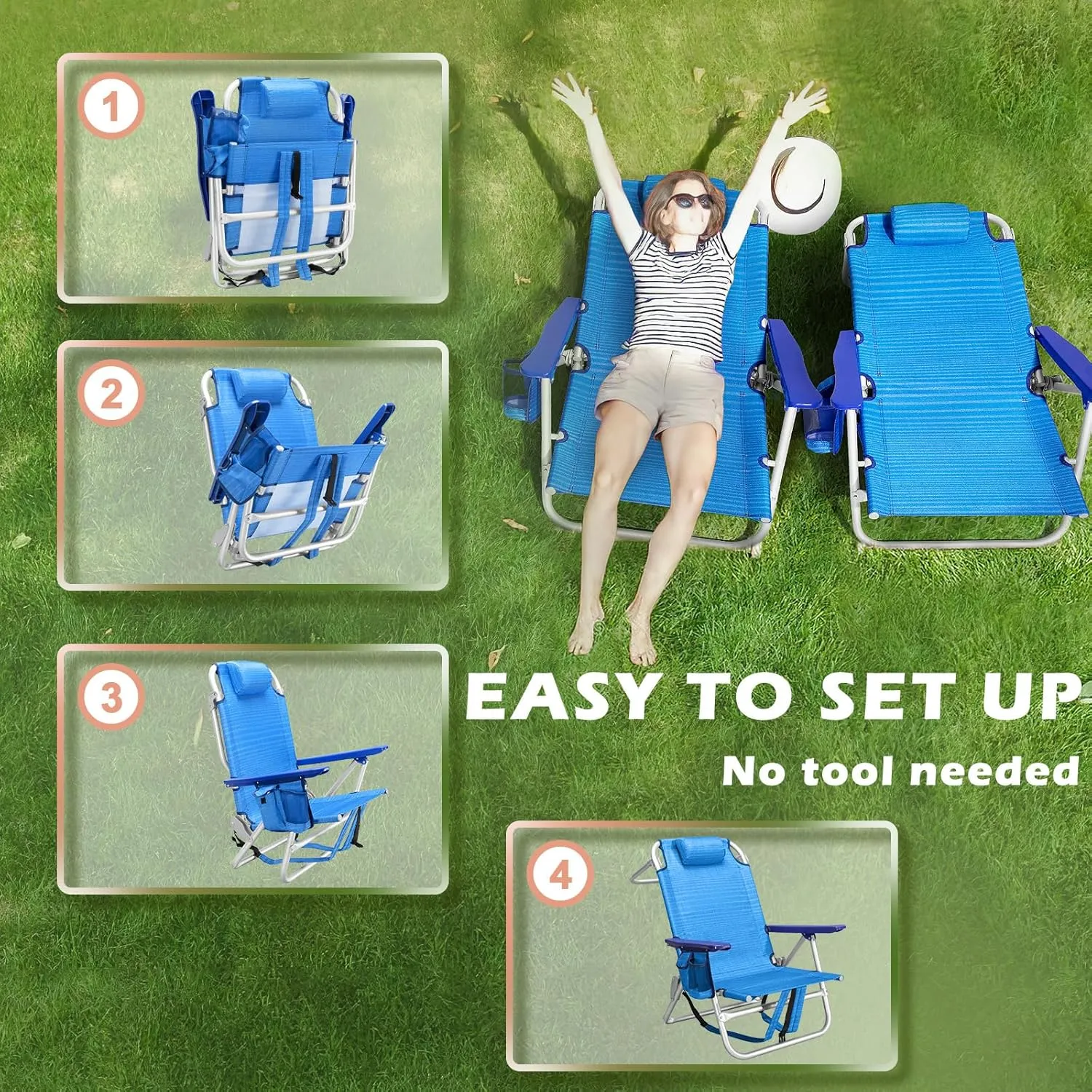 Backpack Beach Chairs for Adults - Folding Heavy Duty Camping Chair with Storage Pouch, Cup Holder & Towel Rack, Lightweight & Adjustable Lounge Chair for Outdoor,Travel (2 Packs/Blue)