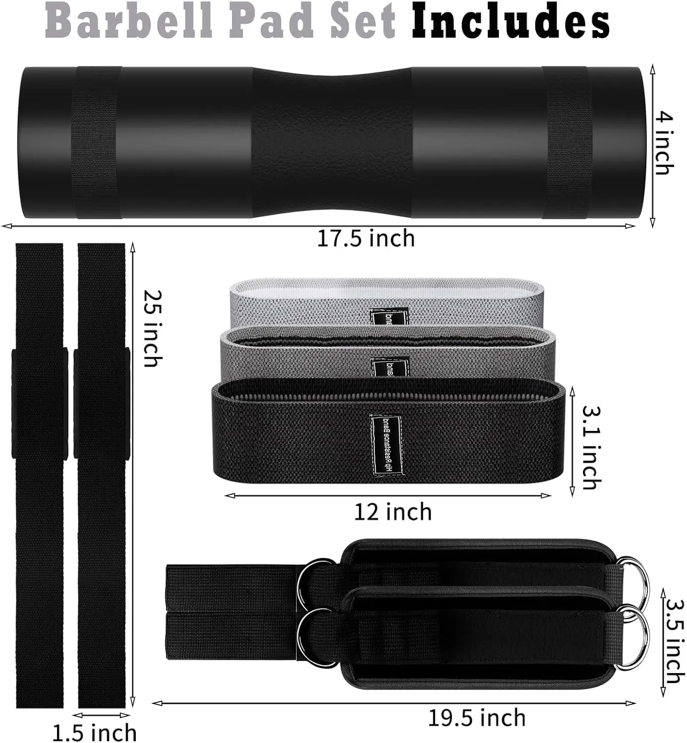 Barbell Pad Set for Squat,10 PCS Hip Thrusts Workout Foam Weight Lifting Bar Cushion with 2 Gym Ankle Straps,3 Hip Resistance Bands,2 Lifting Strap,Barbell Pad and Carry Bag