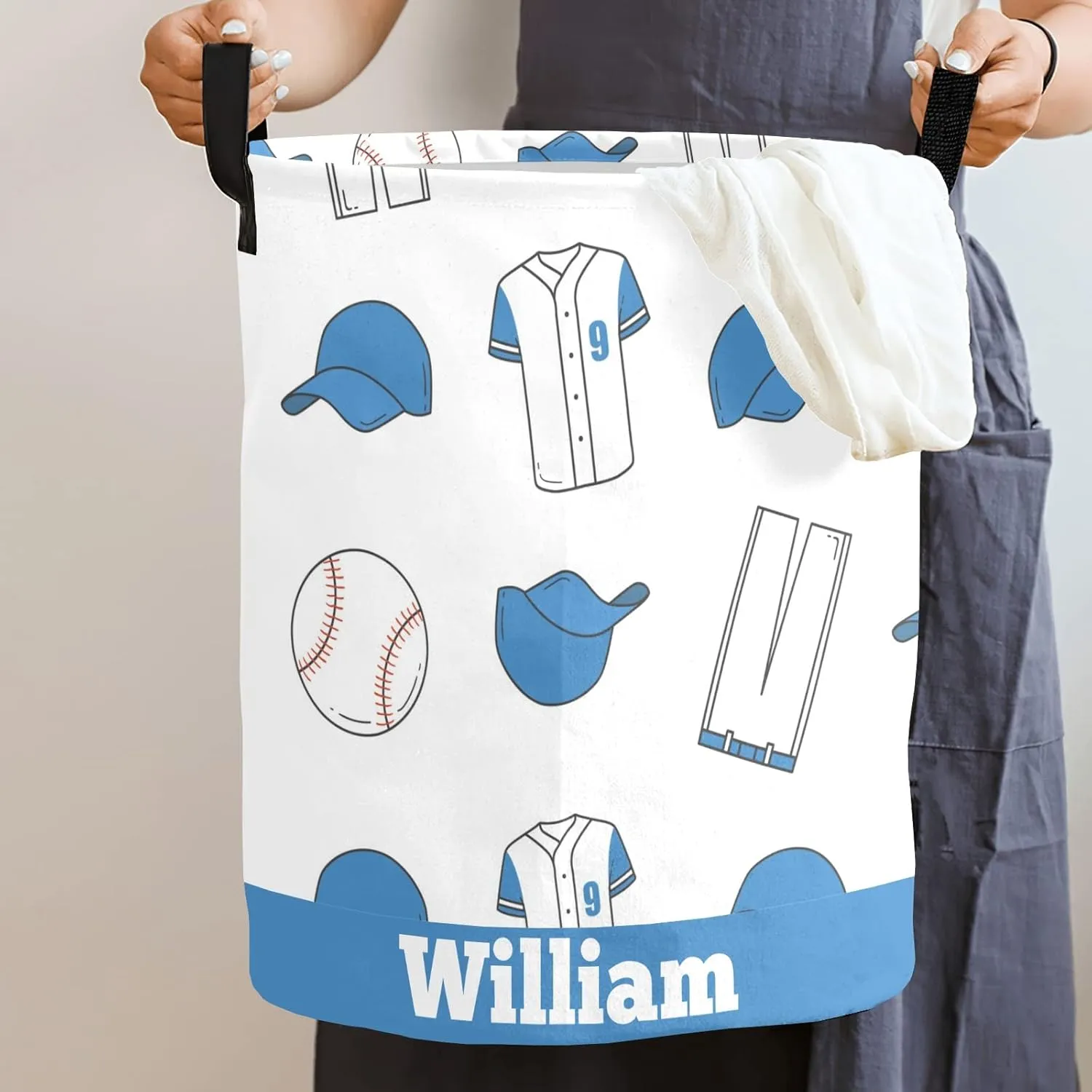 Baseball Pattern Personalized Waterproof Foldable Laundry Basket Bag with Handle, Custom Collapsible Clothes Hamper Storage Bin for Toys Laundry Dorm Travel Bathroom