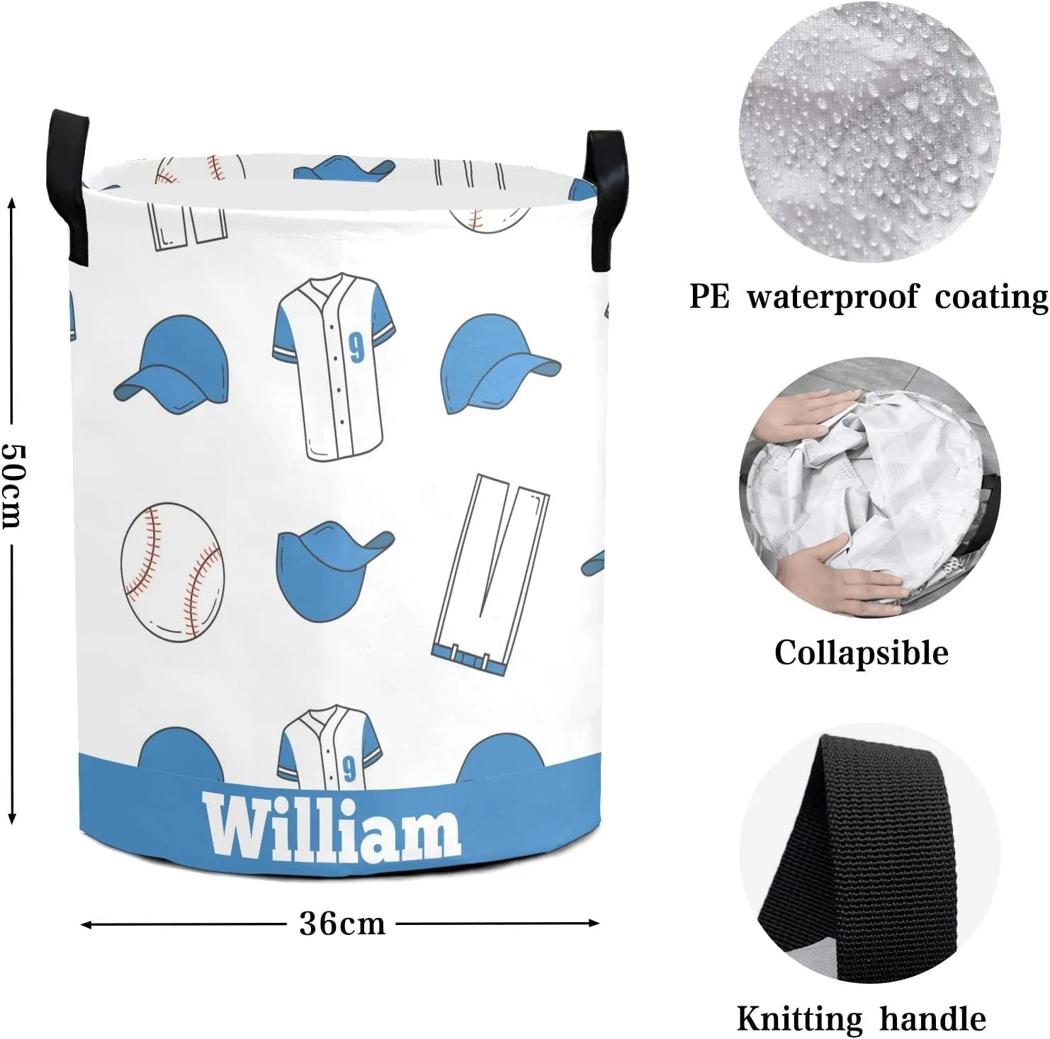 Baseball Pattern Personalized Waterproof Foldable Laundry Basket Bag with Handle, Custom Collapsible Clothes Hamper Storage Bin for Toys Laundry Dorm Travel Bathroom