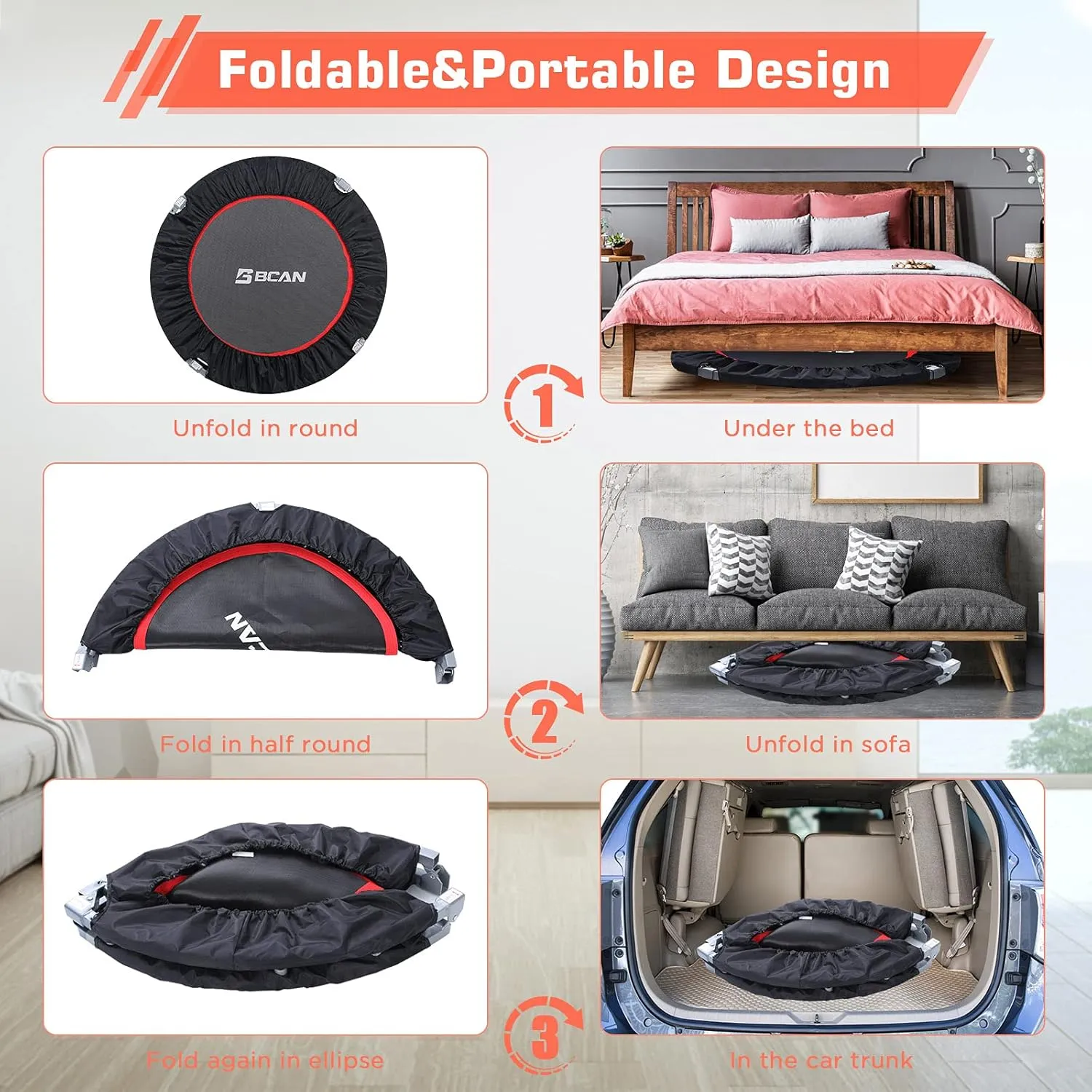 BCAN 38"/40''/48'' Foldable Mini Trampoline Fitness Trampoline with Safety Pad,Rebounder Exercise Trampoline for Adults Indoor/Garden Workout,Max Load 300lbs/440lbs