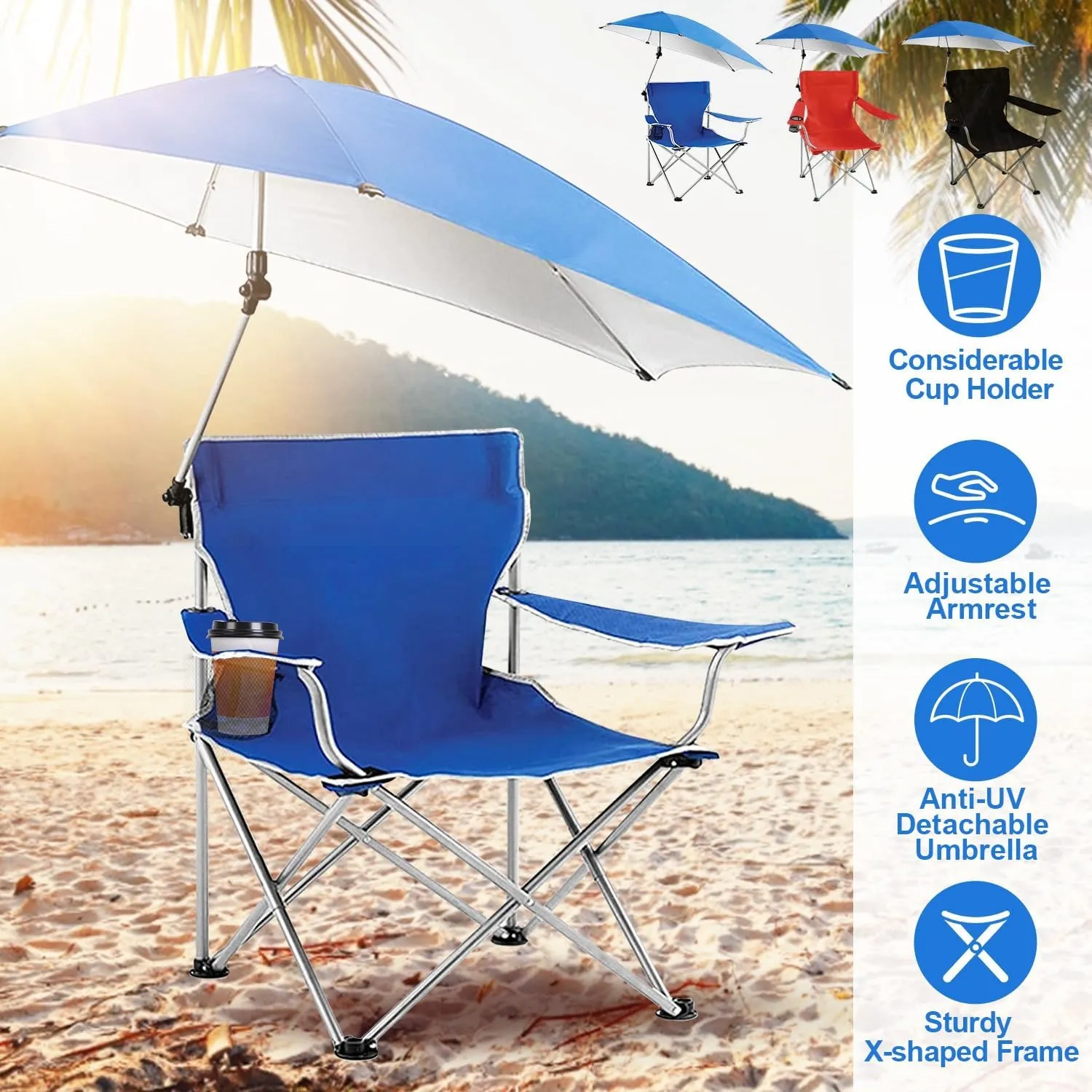Beach Chair with UPF 50  Adjustable Umbrella, Outdoor Folding Beach Chairs for Adults with Cup Holder & Carry Bag, Protable Recliner Chair for Camping Hiking Fishing, Max Hold Up 350LB - U.S Spot