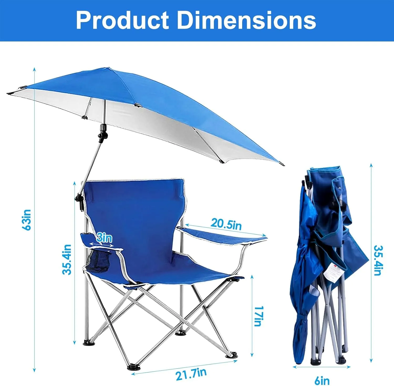 Beach Chair with UPF 50  Adjustable Umbrella, Outdoor Folding Beach Chairs for Adults with Cup Holder & Carry Bag, Protable Recliner Chair for Camping Hiking Fishing, Max Hold Up 350LB - U.S Spot