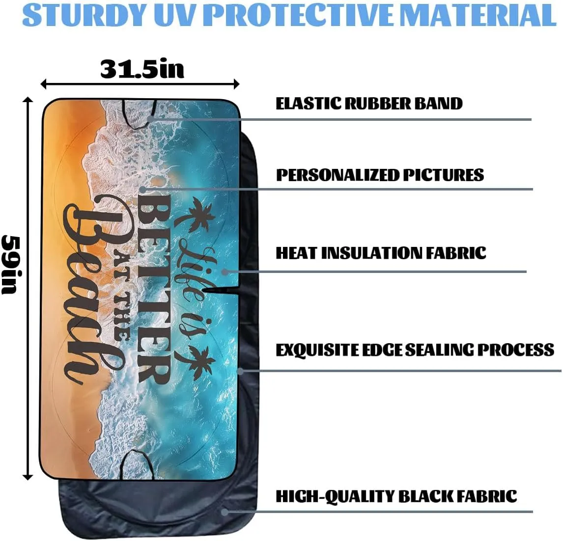 Beach Sunrise Car Windshield Sun Shade Life is Better Beach Heatshield Front Window Car Sun ​Shade Windshield Blocks UV Rays Sun Visor Protector for Car Sedan Truck SUV Accessories 59" L x 31.5" W