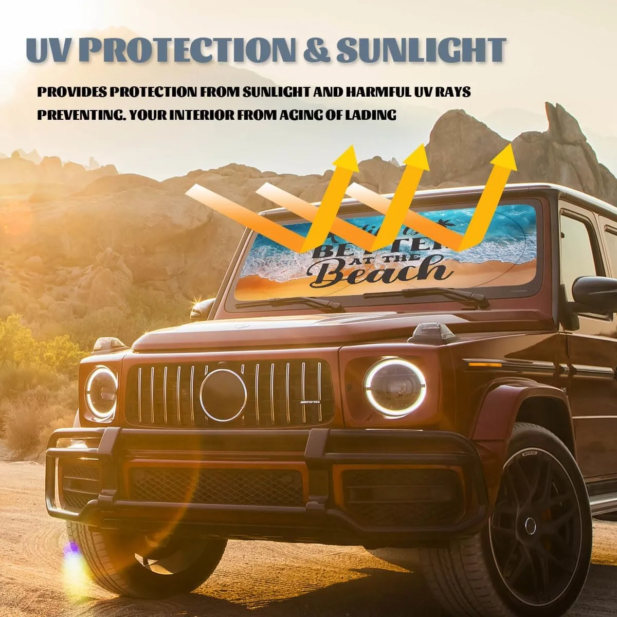 Beach Sunrise Car Windshield Sun Shade Life is Better Beach Heatshield Front Window Car Sun ​Shade Windshield Blocks UV Rays Sun Visor Protector for Car Sedan Truck SUV Accessories 59" L x 31.5" W