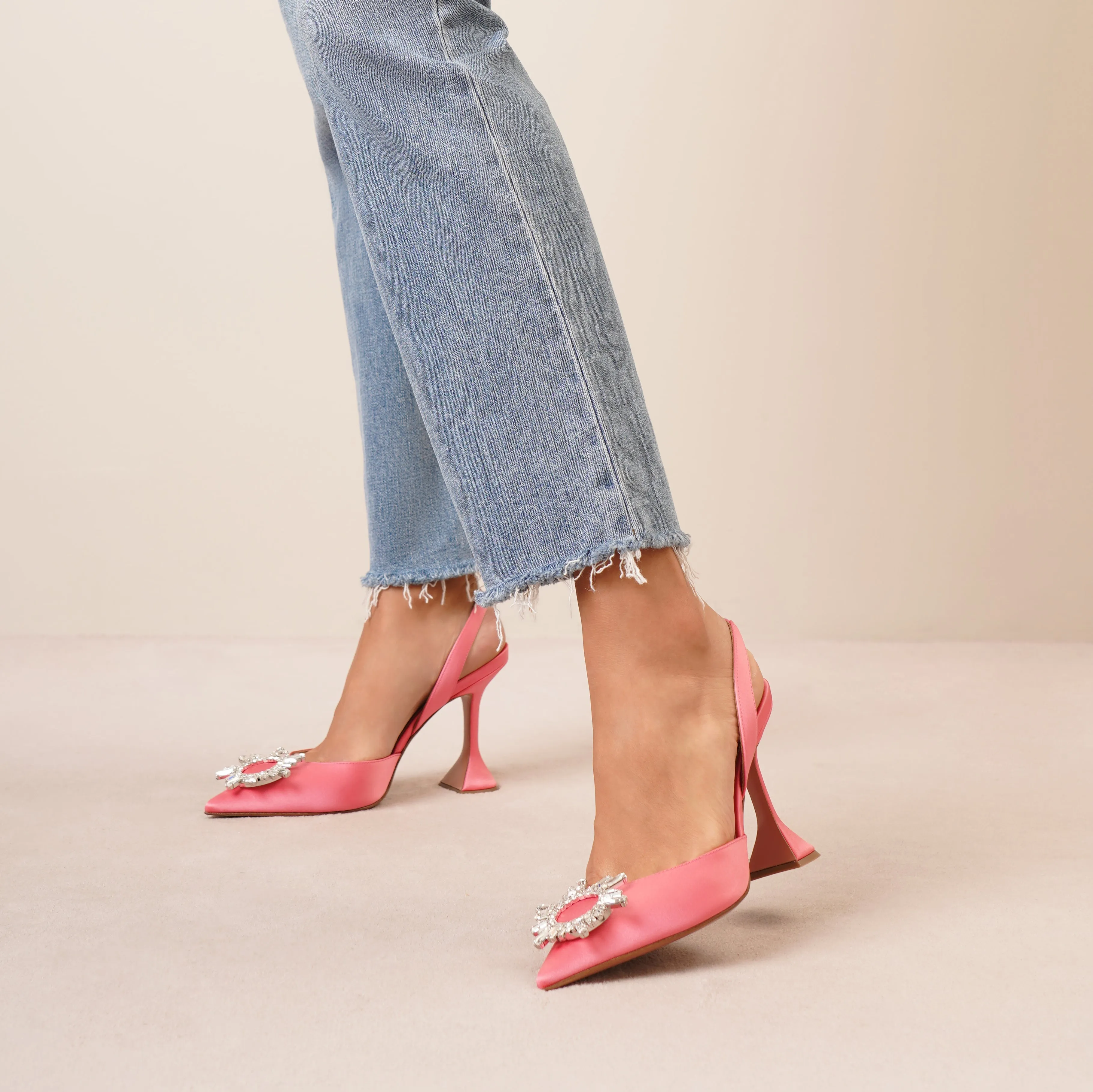 Begum sling crystal embellished pink satin pumps