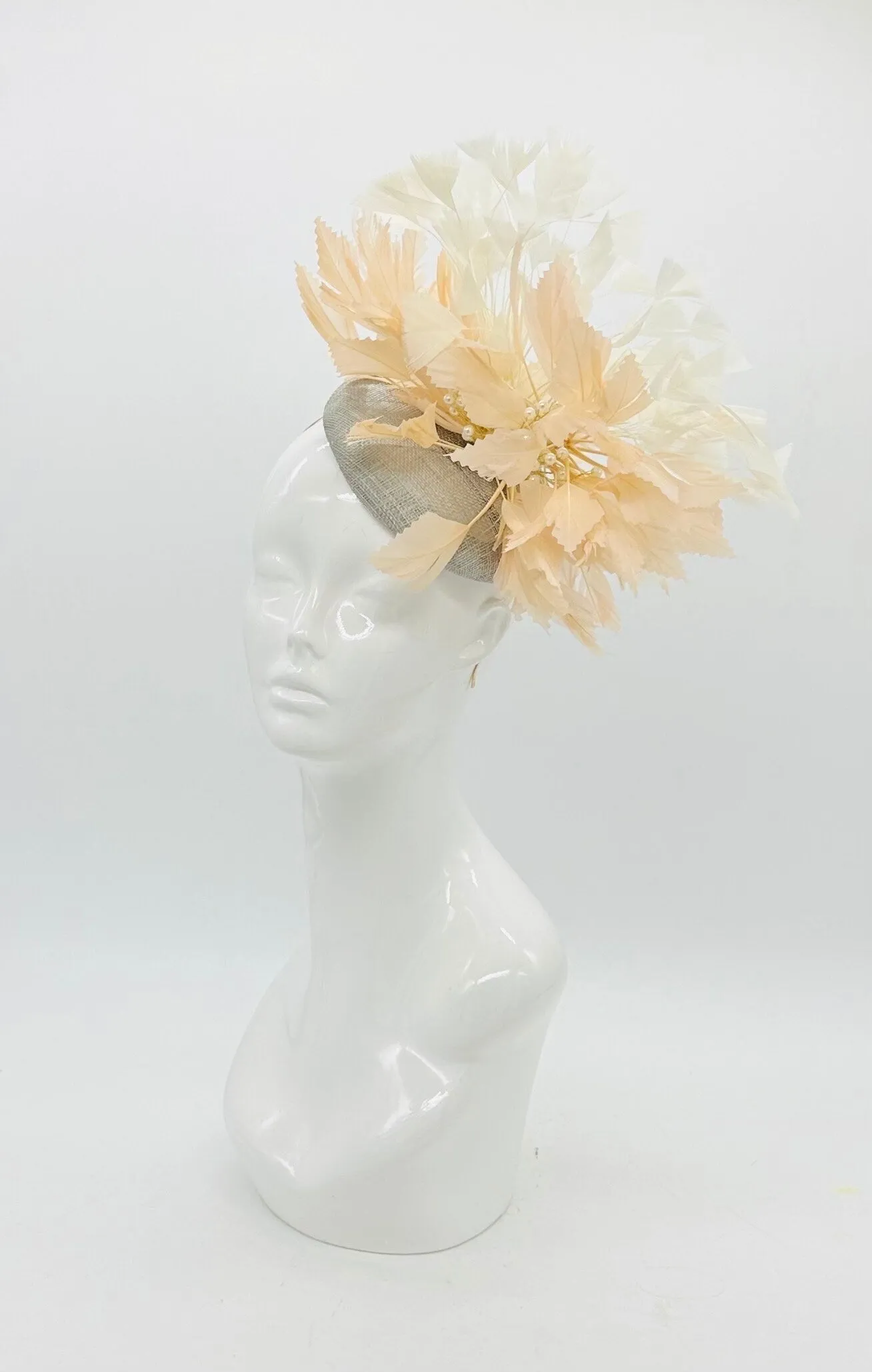 Beigey peach, white & gray feather Derby Fascinator, Kentucky Derby Hat Alternative, Kentucky derby hat (GOLD LINE)
