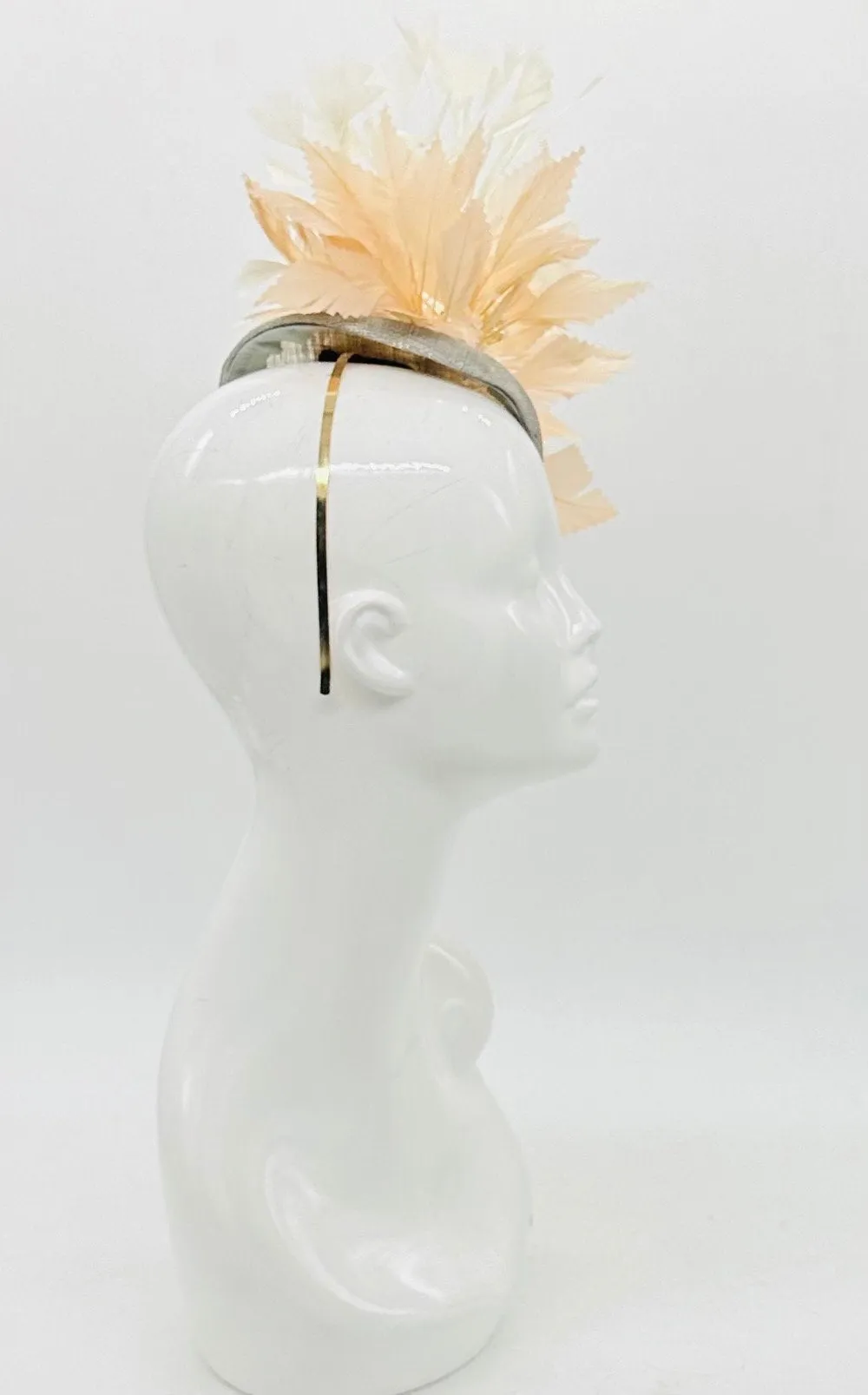 Beigey peach, white & gray feather Derby Fascinator, Kentucky Derby Hat Alternative, Kentucky derby hat (GOLD LINE)