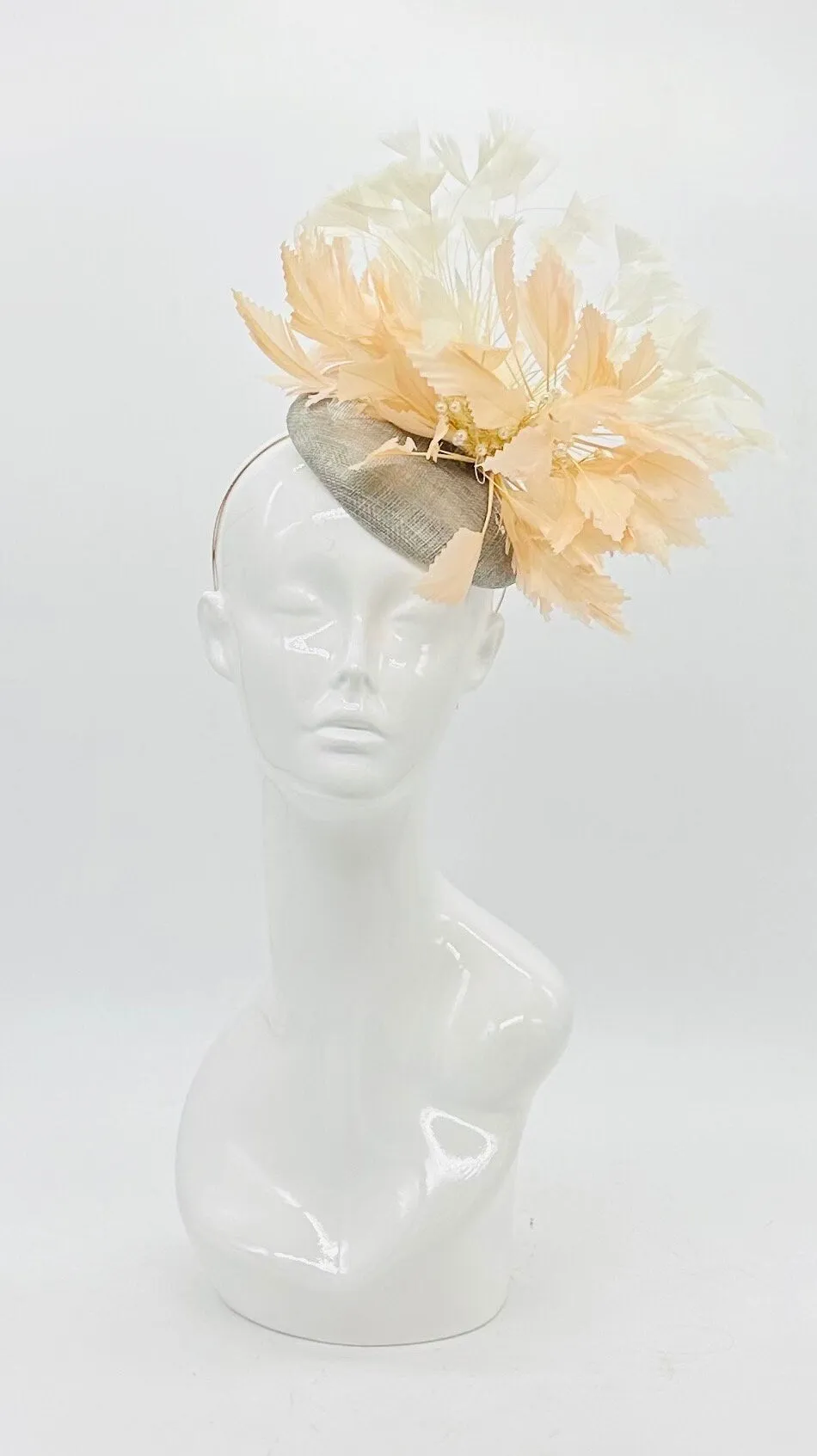 Beigey peach, white & gray feather Derby Fascinator, Kentucky Derby Hat Alternative, Kentucky derby hat (GOLD LINE)