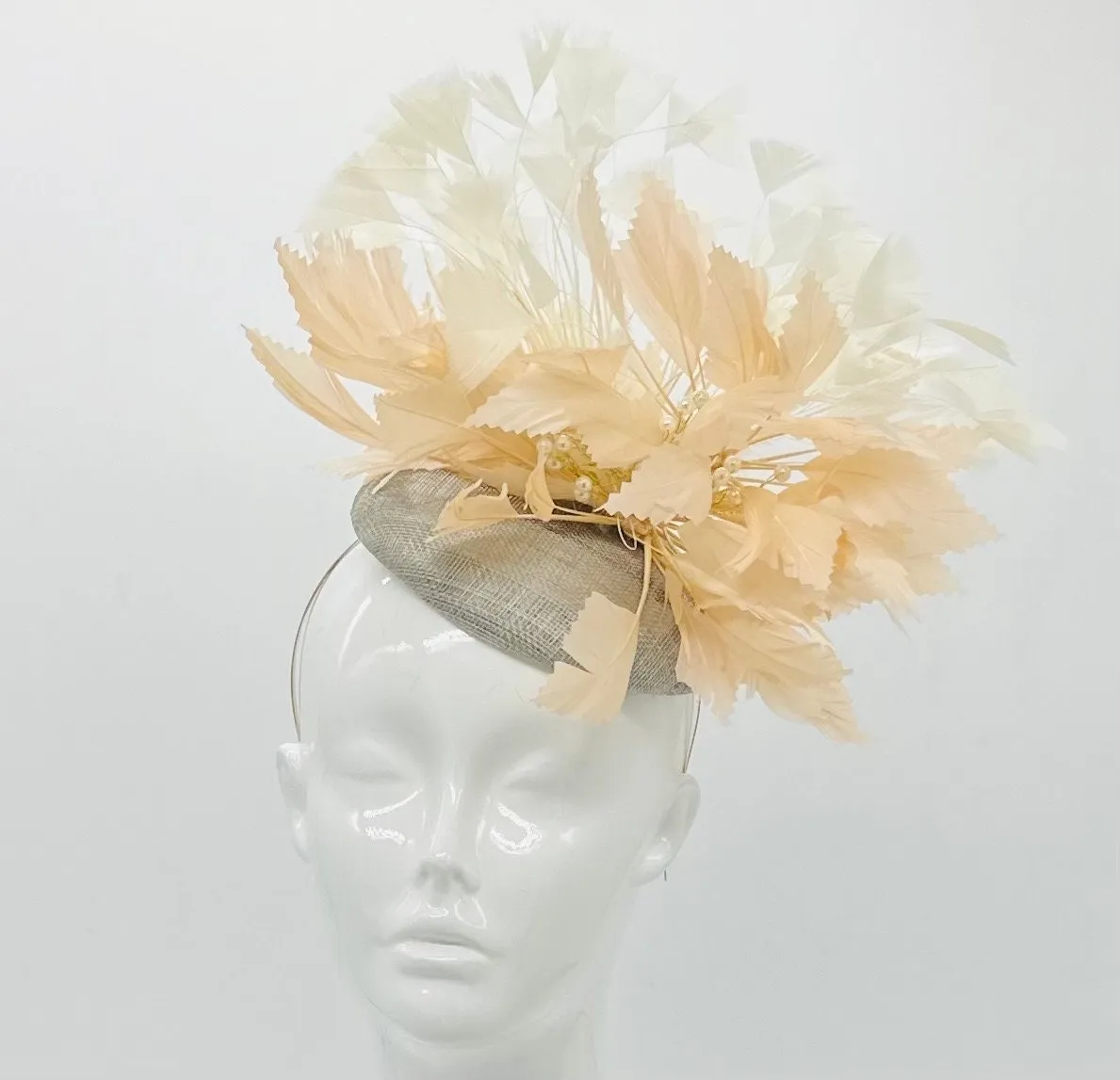 Beigey peach, white & gray feather Derby Fascinator, Kentucky Derby Hat Alternative, Kentucky derby hat (GOLD LINE)