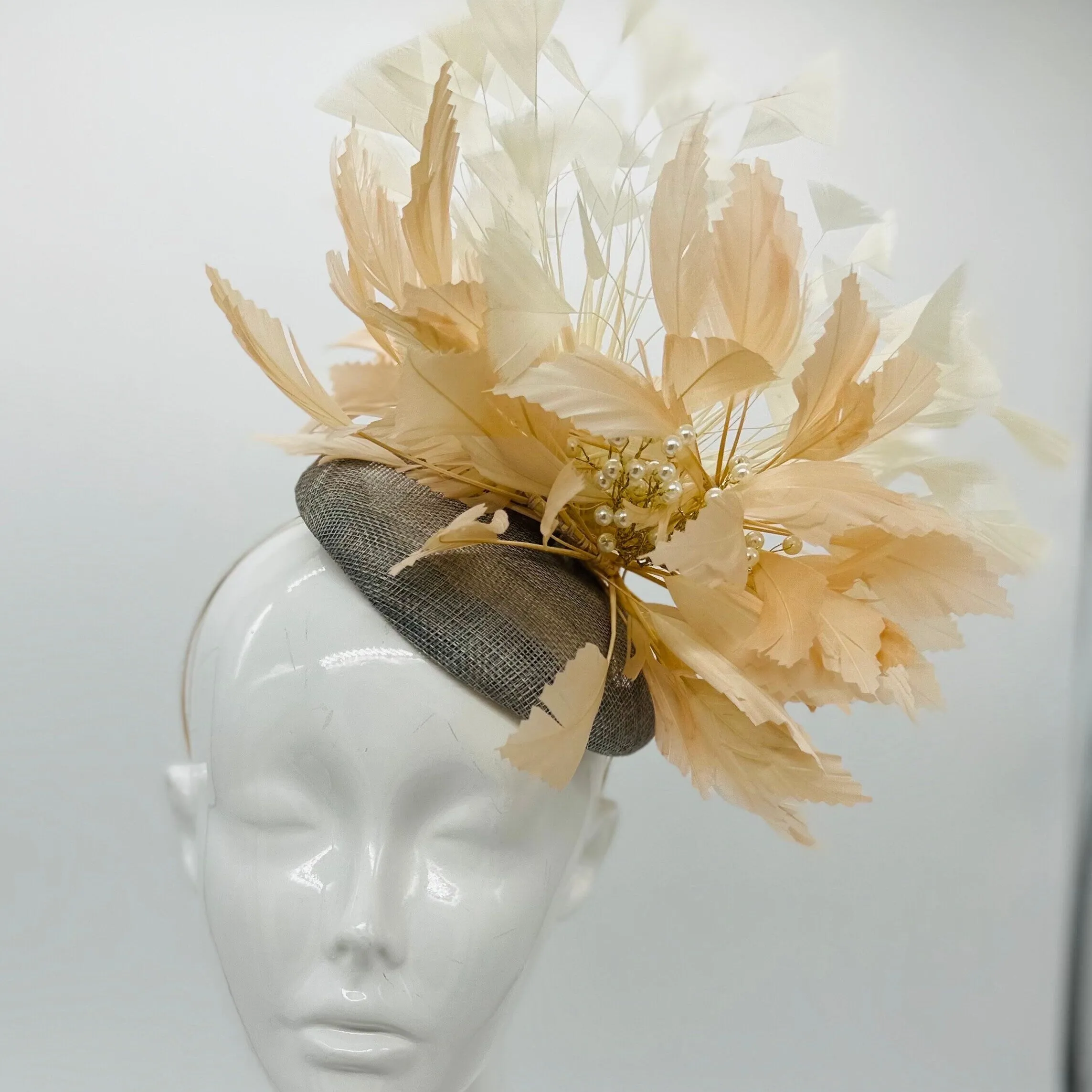 Beigey peach, white & gray feather Derby Fascinator, Kentucky Derby Hat Alternative, Kentucky derby hat (GOLD LINE)
