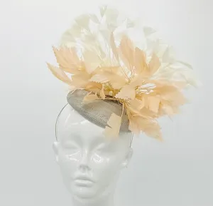 Beigey peach, white & gray feather Derby Fascinator, Kentucky Derby Hat Alternative, Kentucky derby hat (GOLD LINE)