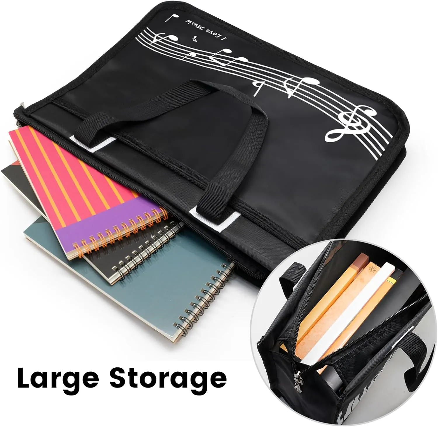 BestSounds Piano Bag, Zipper Waterproof Music Book Tote Bag Piano Accessories for Students Kids, Women, Gifts for Musicians (Black Music)
