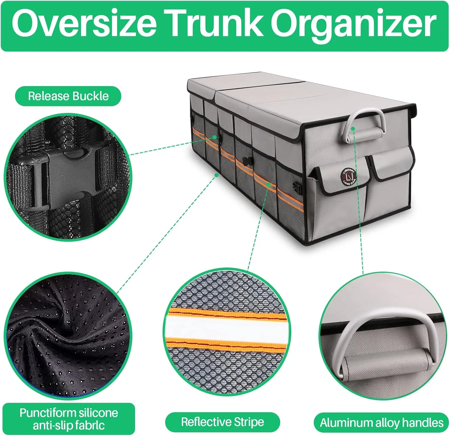 Big Car Trunk Organizer, Cargo Organizer SUV Trunk Storage Non Slip Bottom Waterproof Collapsible Durable Multi Compartments-(Oversize,Gray)