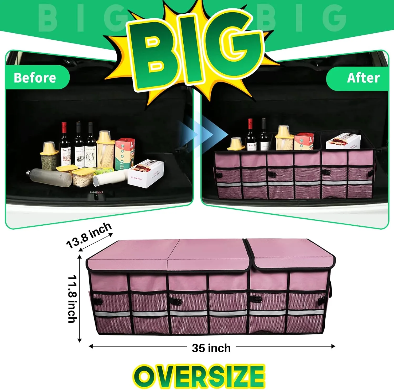 Big Car Trunk Organizer, Cargo Organizer SUV Trunk Storage Non Slip Bottom Waterproof Collapsible Durable Multi Compartments-(Oversize,Pink)