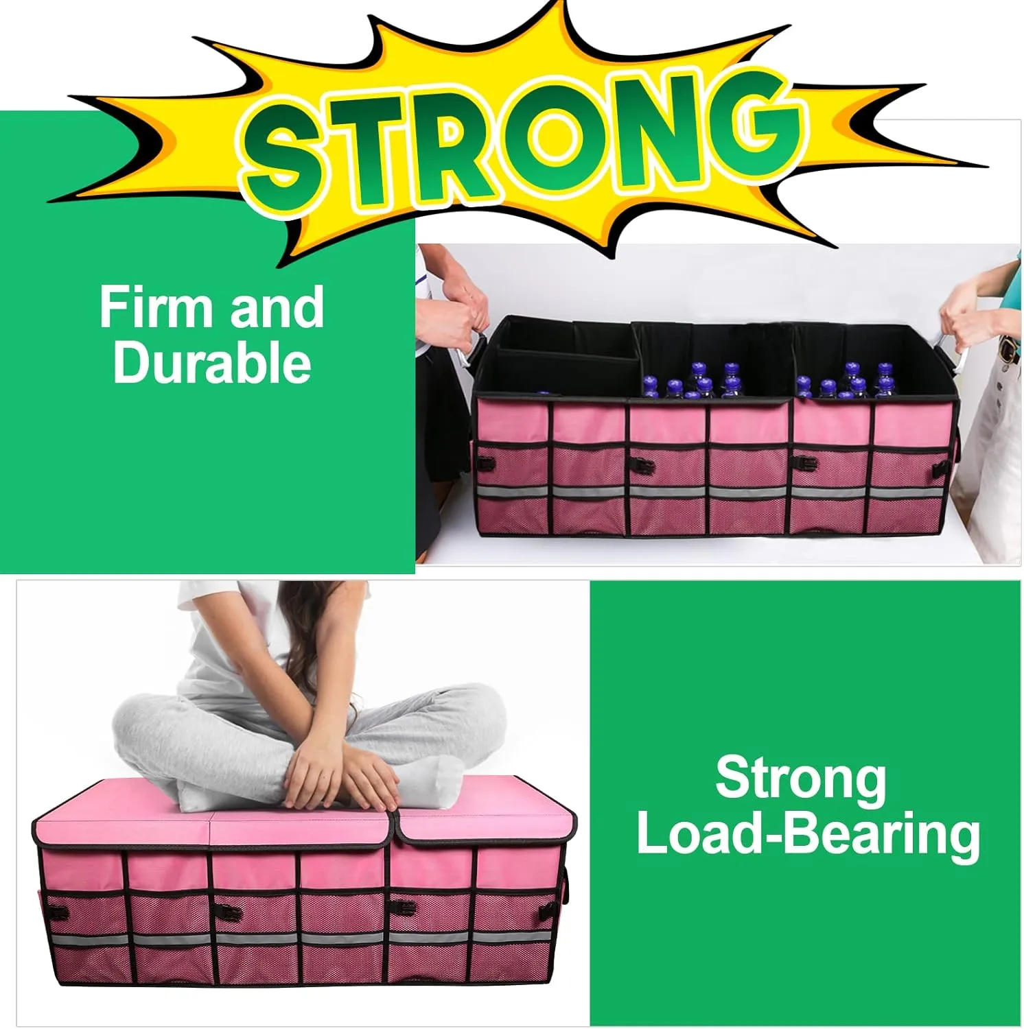 Big Car Trunk Organizer, Cargo Organizer SUV Trunk Storage Non Slip Bottom Waterproof Collapsible Durable Multi Compartments-(Oversize,Pink)