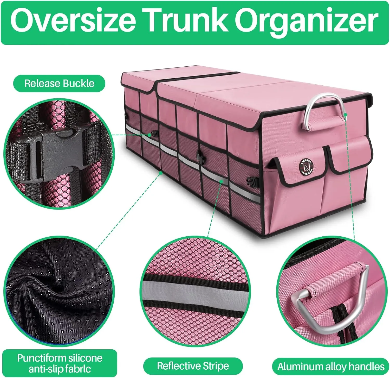 Big Car Trunk Organizer, Cargo Organizer SUV Trunk Storage Non Slip Bottom Waterproof Collapsible Durable Multi Compartments-(Oversize,Pink)