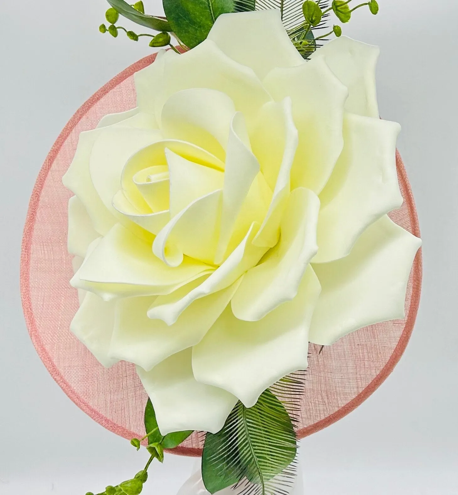 Big magnolia with green leaves on pink base Derby Fascinator, Kentucky Derby Hat Alternative, Kentucky derby hat (PLATINUM LINE)